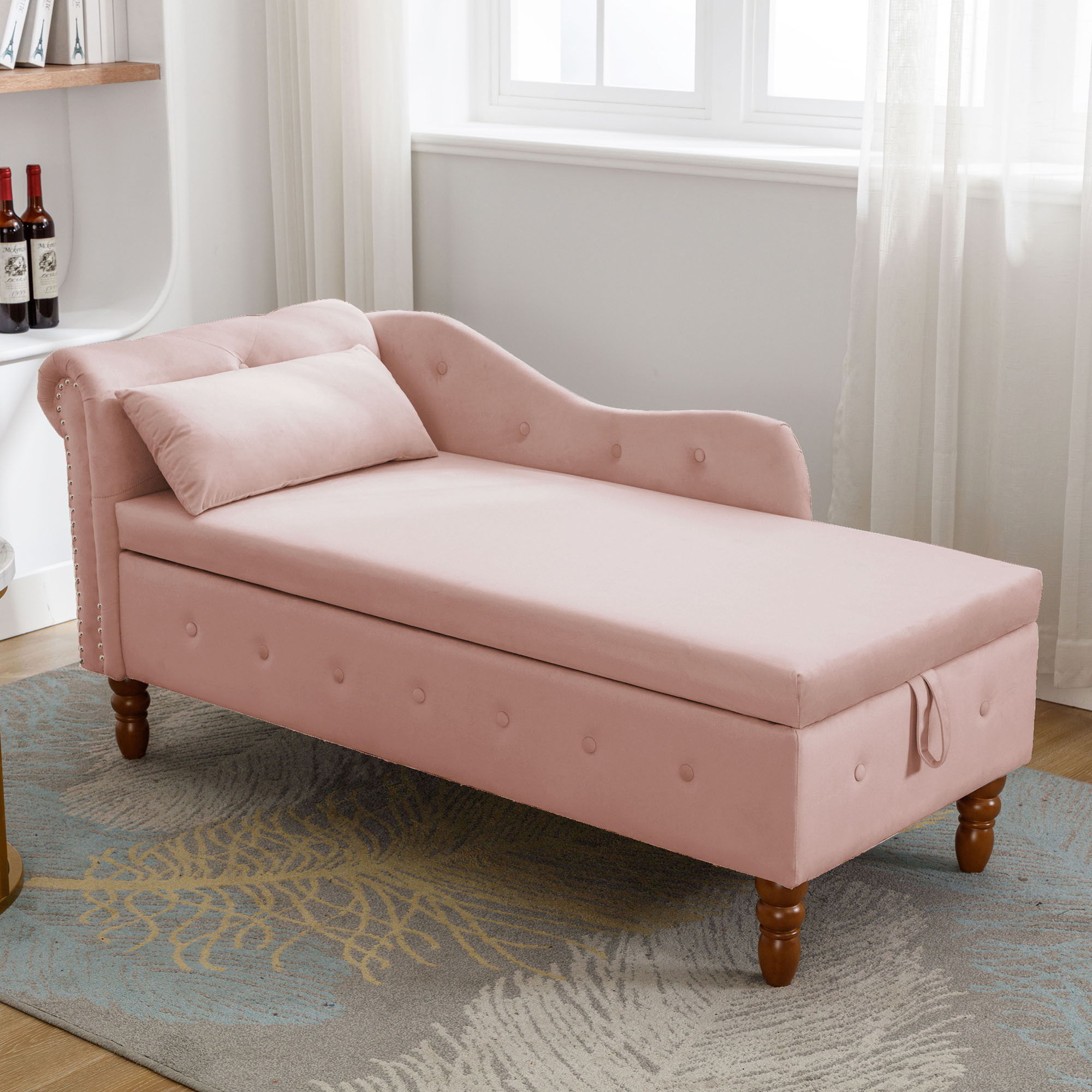 Chaise Lounge Indoor, Lounge Chair For Bedroom With Storage & Pillow, Modern Upholstered Rolled Arm Chase Lounge For Sleeping With Nailhead Trim For Living Room Bedroom Office