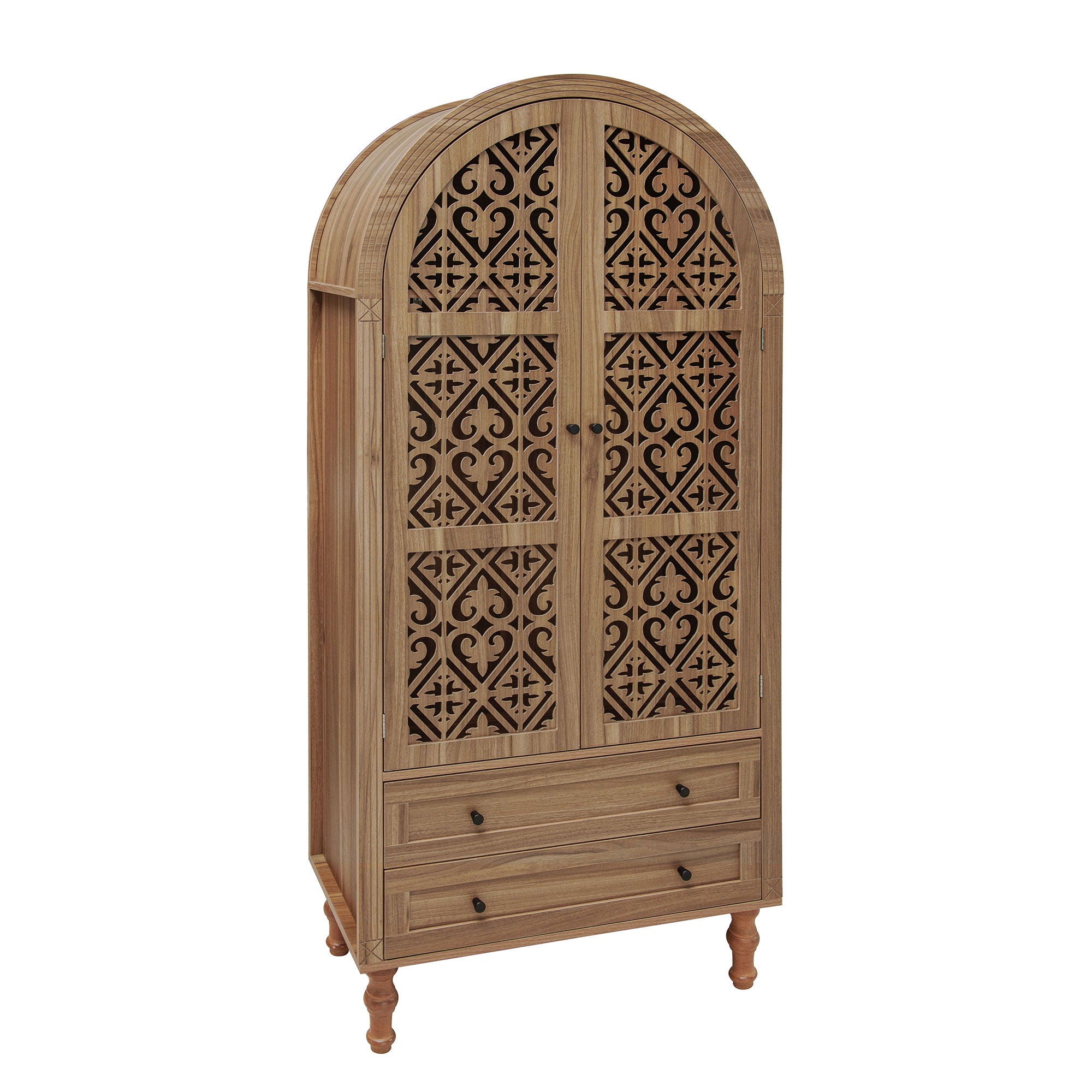 Tall Kitchen Pantry Cabinet With Hollow Carved Doors 2 Drawers And Adjustable Shelves Storage Display Cabinet For Kitchen Dining Room Or Living Room - Walnut