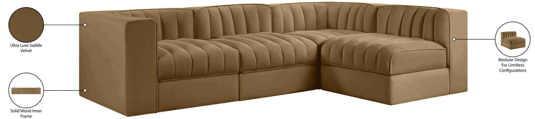 Rummi - Velvet Performance Fabric Upholstered 4 Piece Modular Sectional