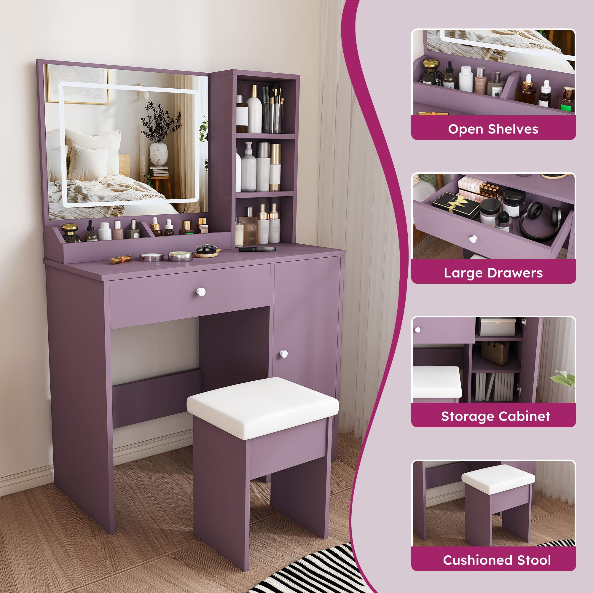 Vanity Desk Set With Padded Stool & Adjustable LED Mirror, 3 Color Mode Lighting, Compact For Bedroom - Purple