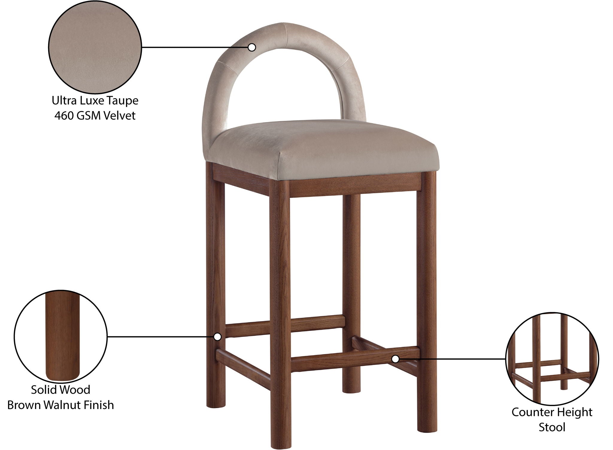 Conrad - Velvet Counter Stool With Brown Legs