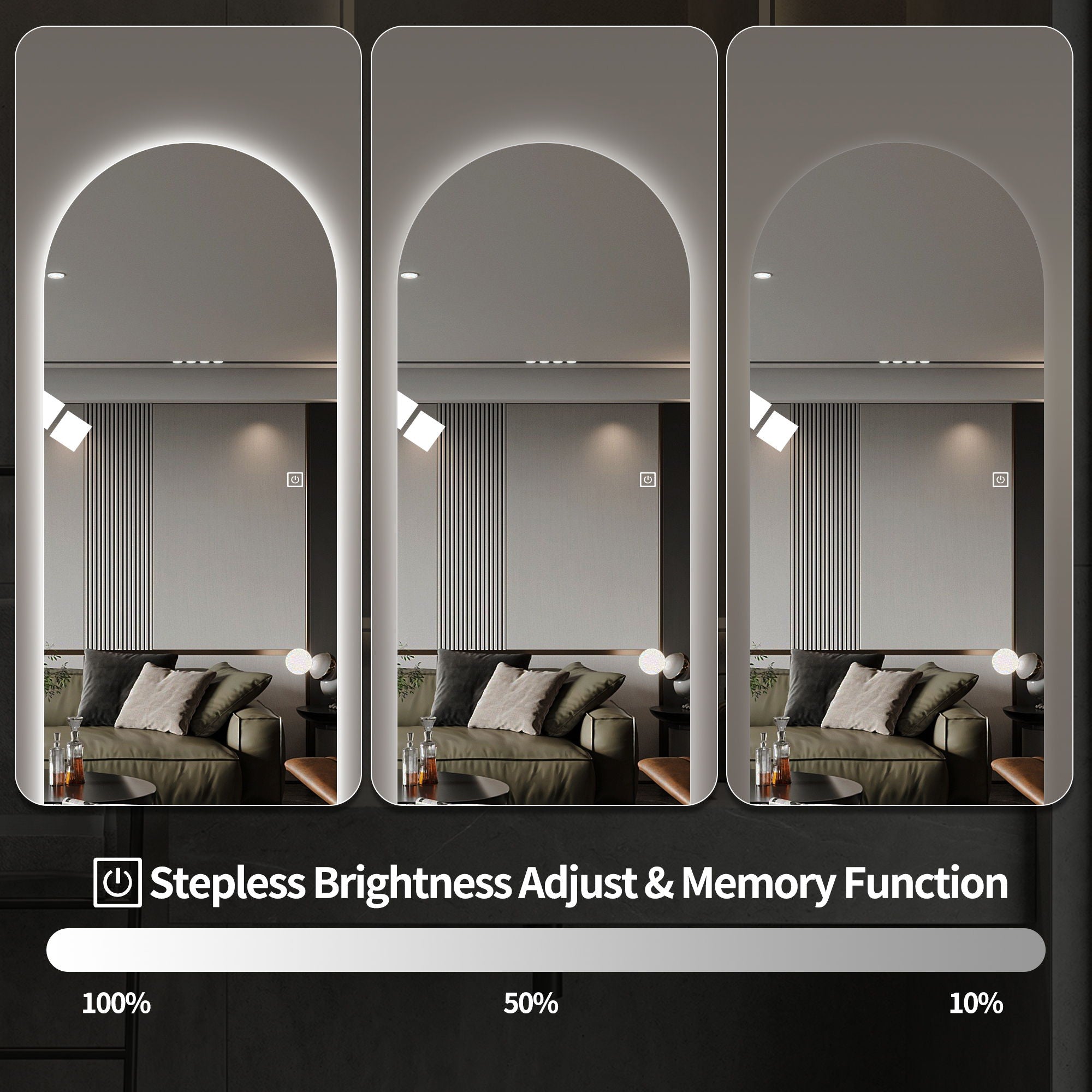 LED Full Length Wall Mirror With Symmetrical Arch Design, 3 Color Dimmable Lighting - Silver