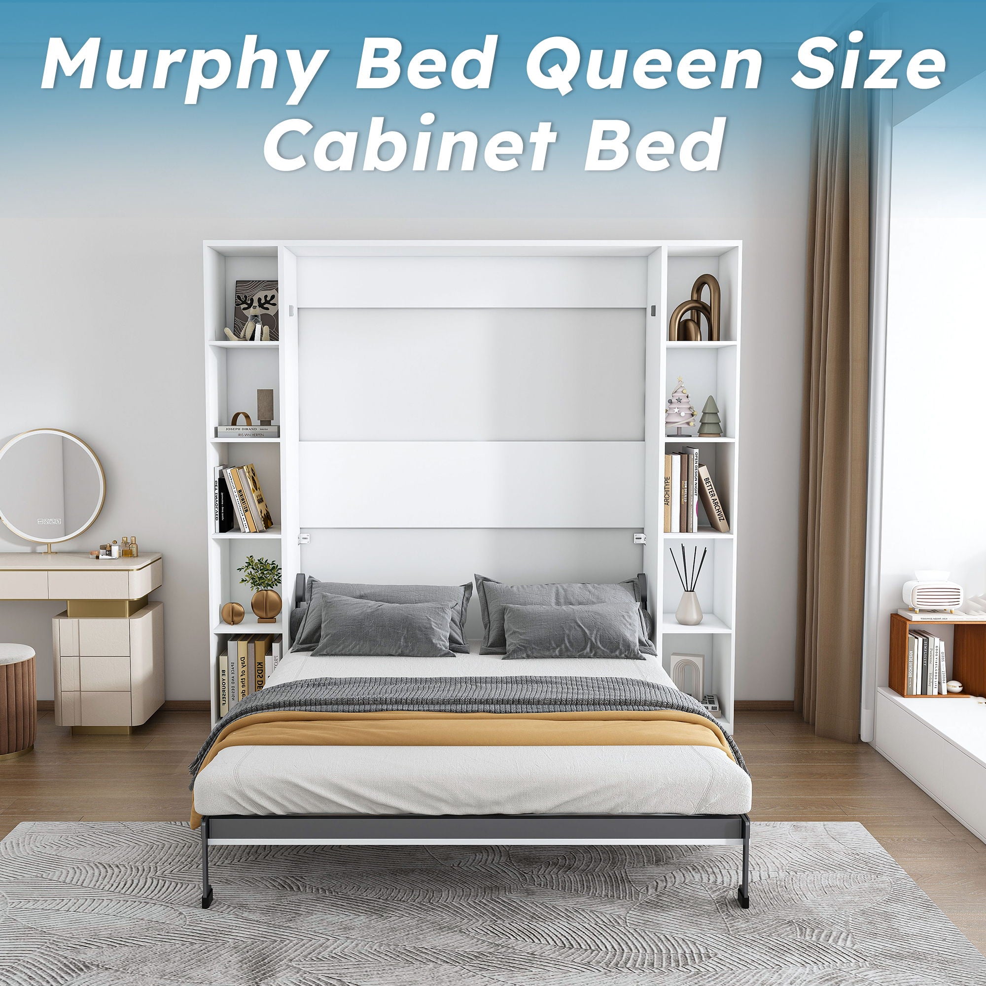 Queen Murphy Bed With Storage Cabinet, Foldable Wall Bed For Bedrooms - White