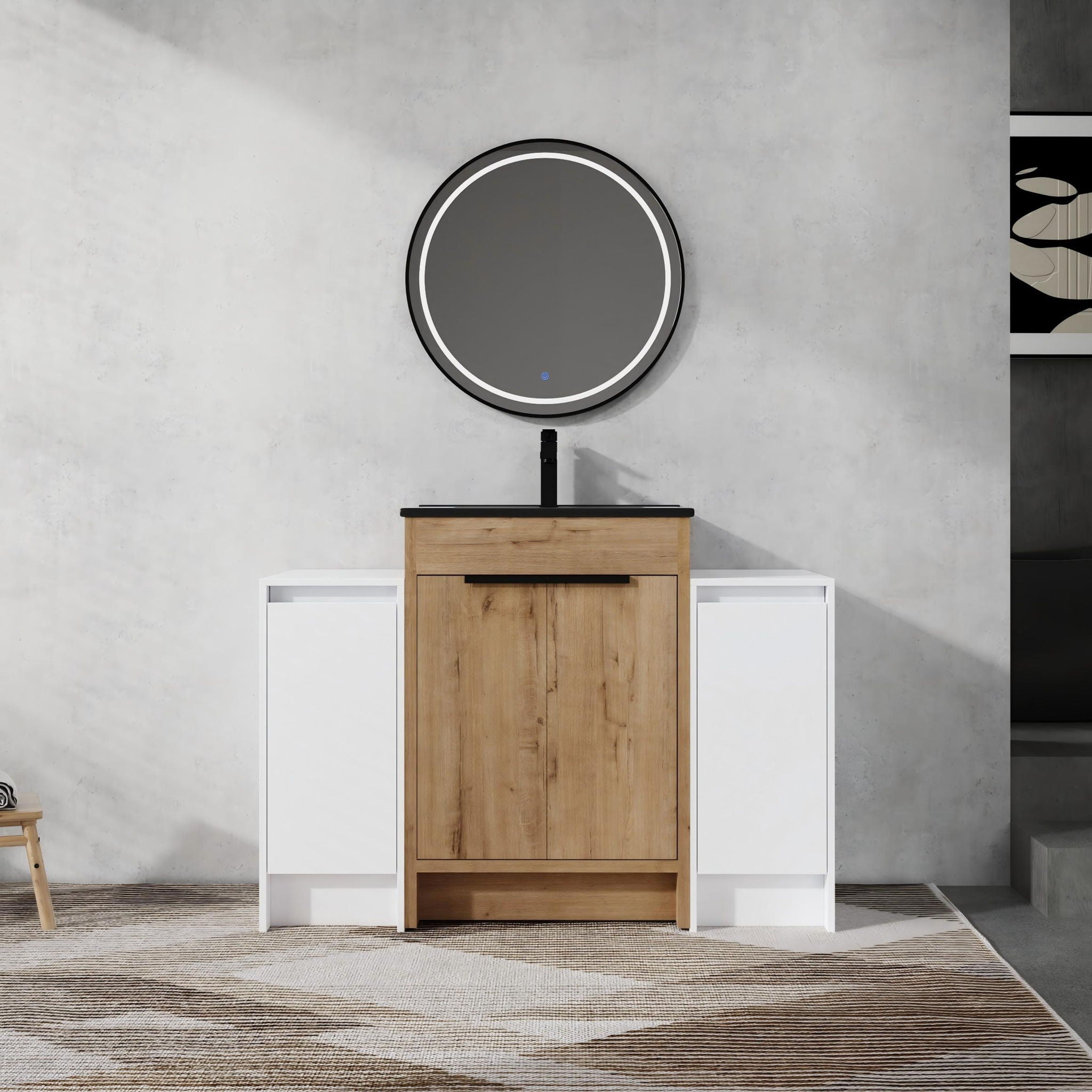 48" Freestanding Bathroom Vanity With Sink And 2 Storage Cabinets, Soft Closing Door - Glossy White / Imitative Oak
