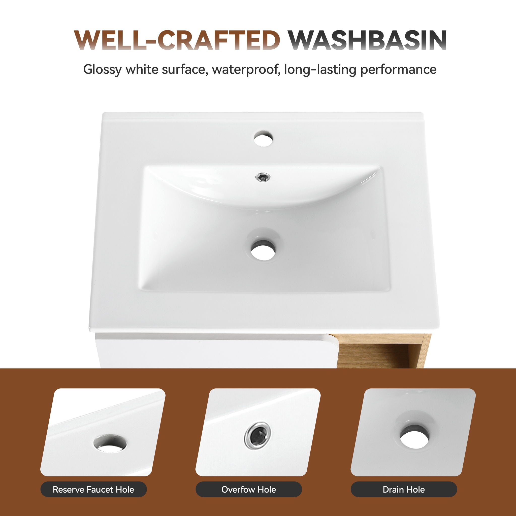 Freestanding Bathroom Vanity With Thin Rim Sink, Single Door With 4 Tier Open Shelves - Light Oak / White
