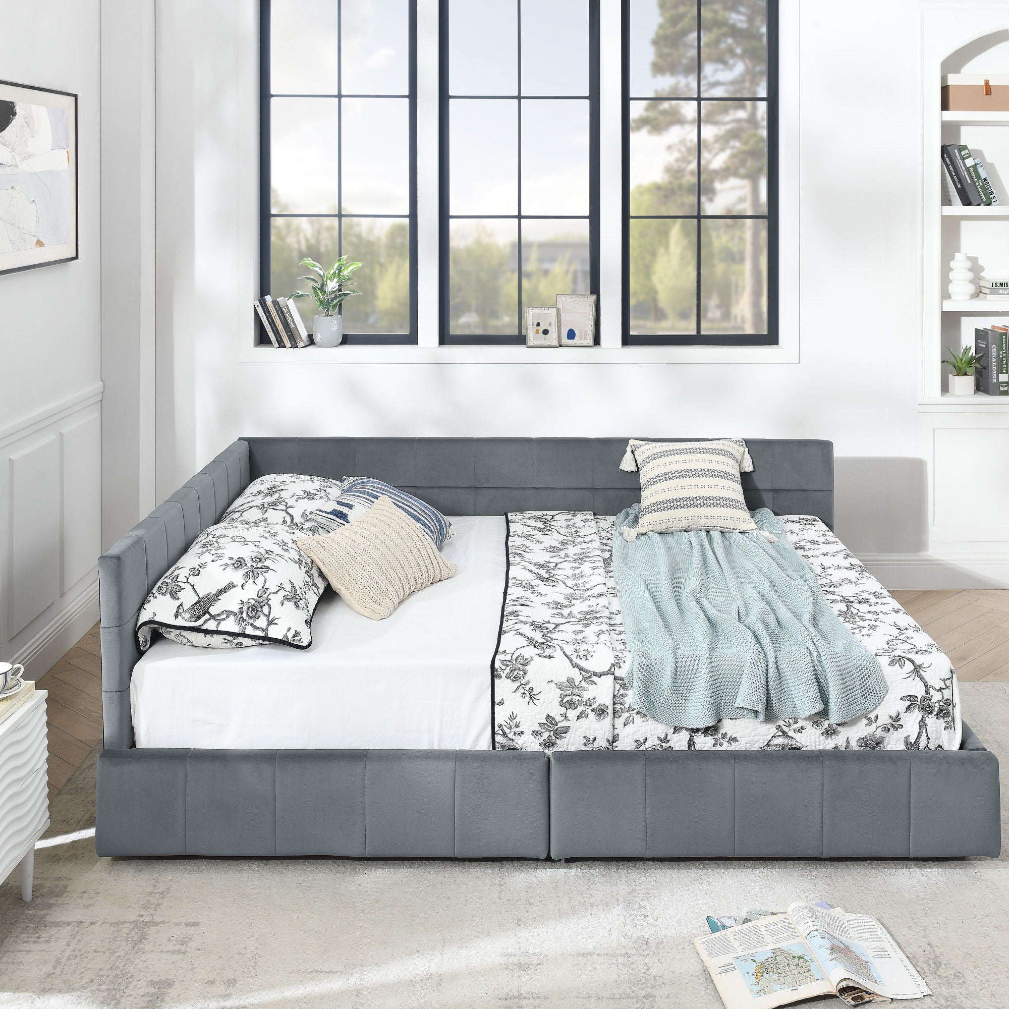 Elegant Storage Upholstered Tufted Bed Frame With Backrest And Armrests