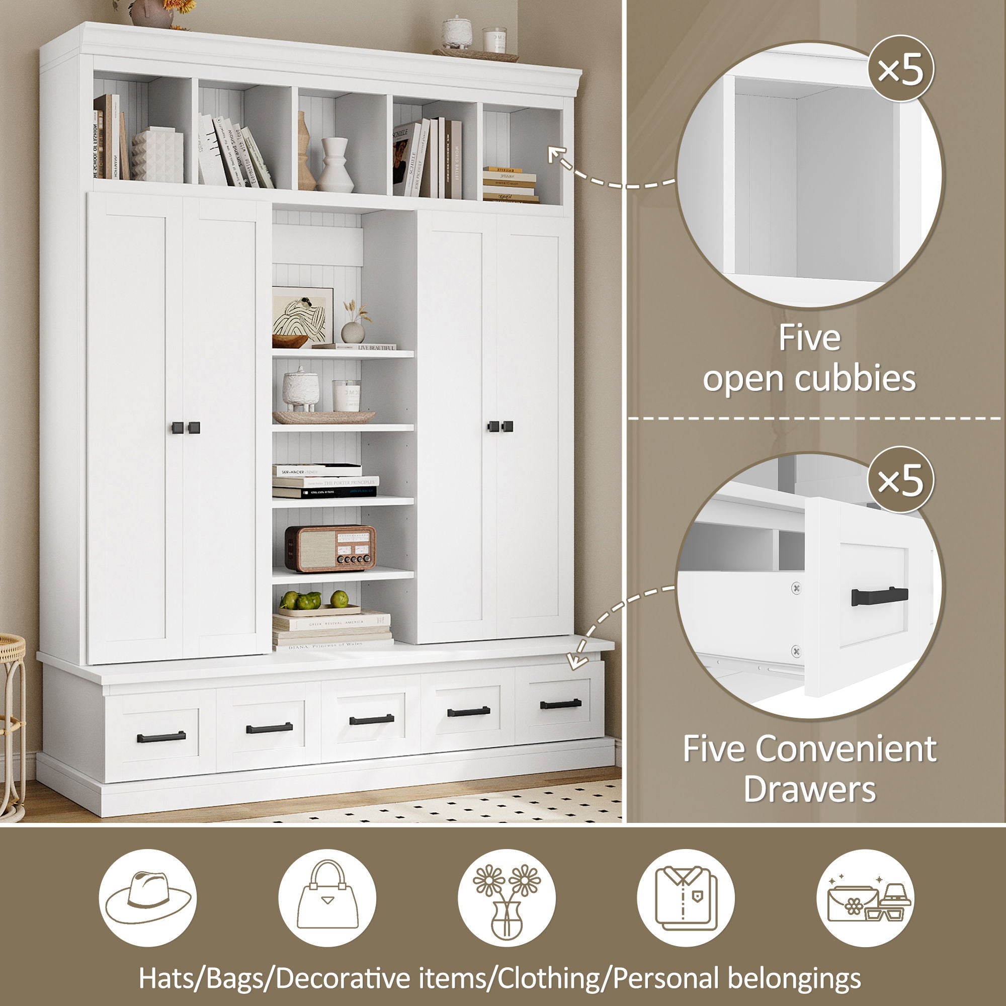 Hall Tree & Bench And 5 Storage Cubbies