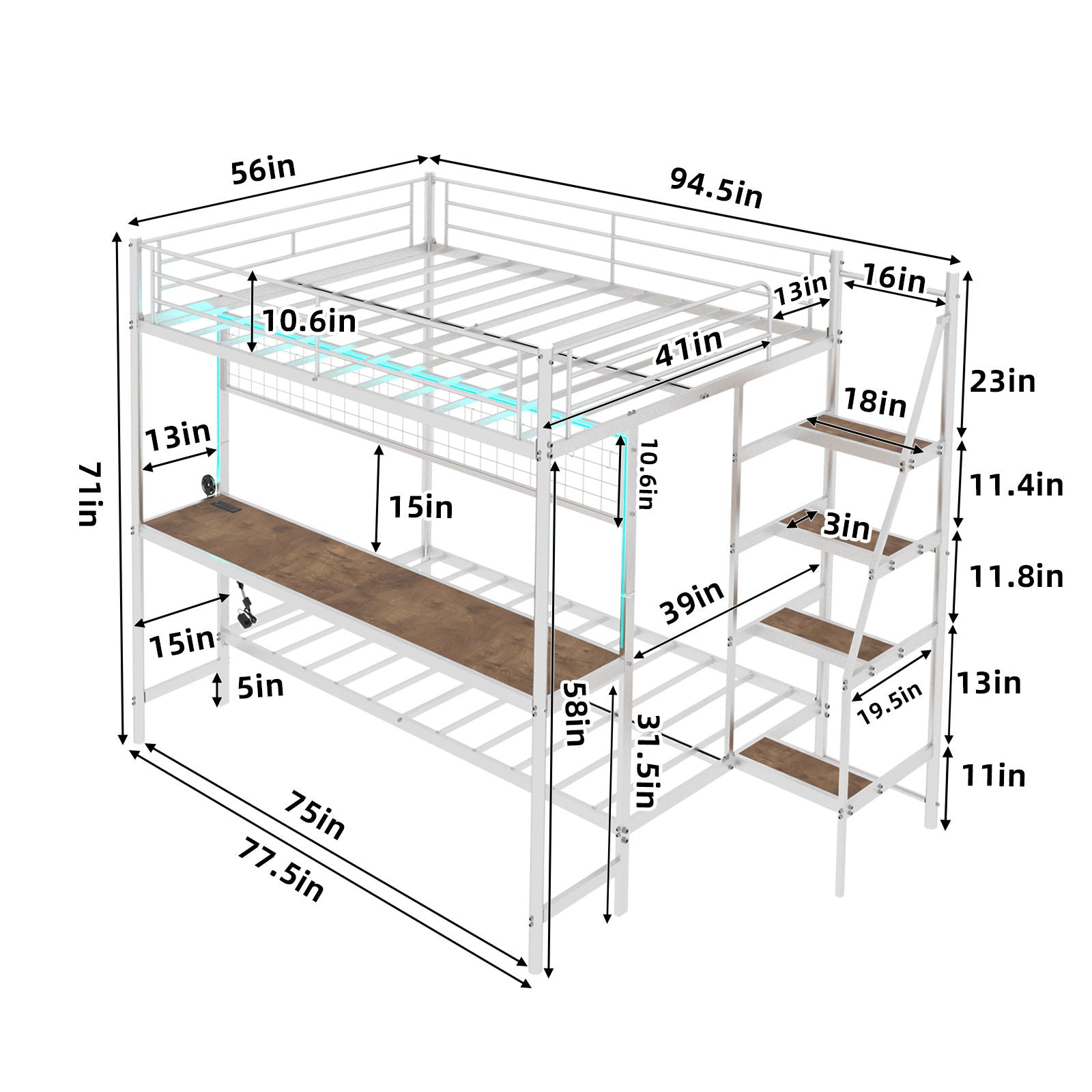 Bunk Bed With Built In Desk And LED Lighting