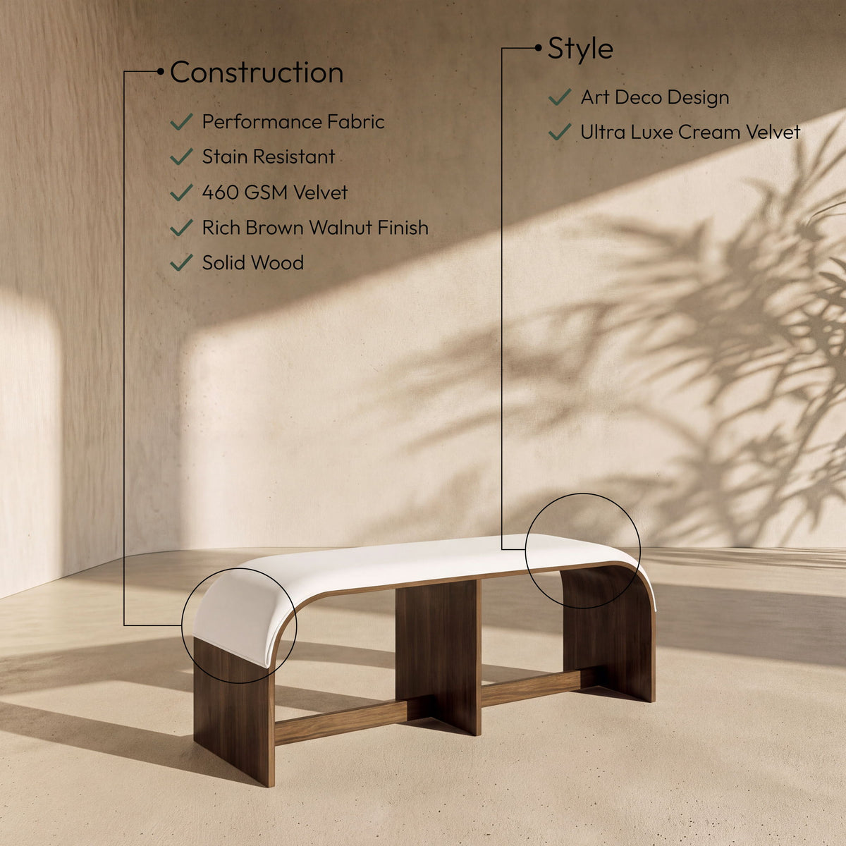 Sable - 52" Velvet Performance Fabric Upholstered Bench