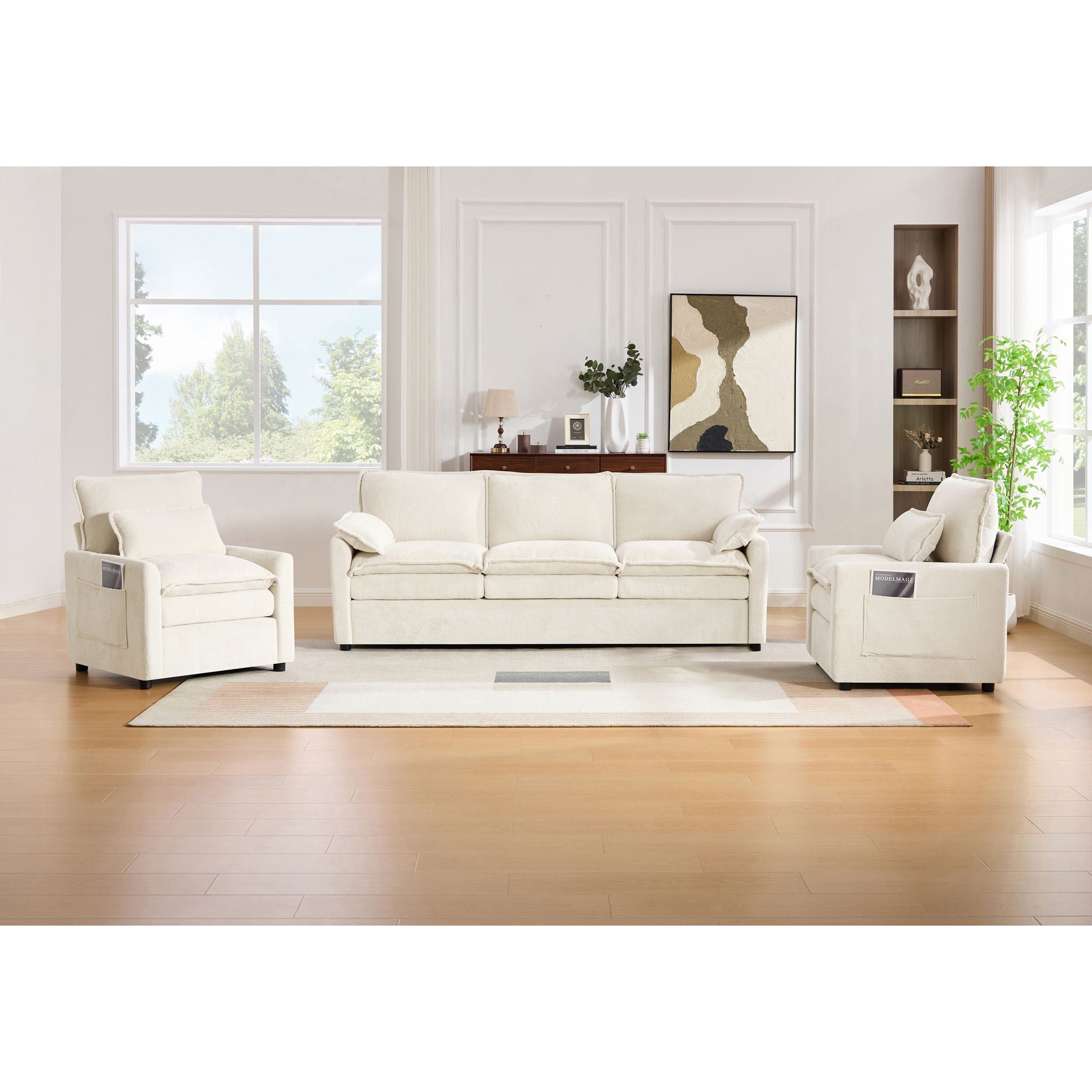Modern Sofa Set With Double Layer Cushion And Side Storage Pockets