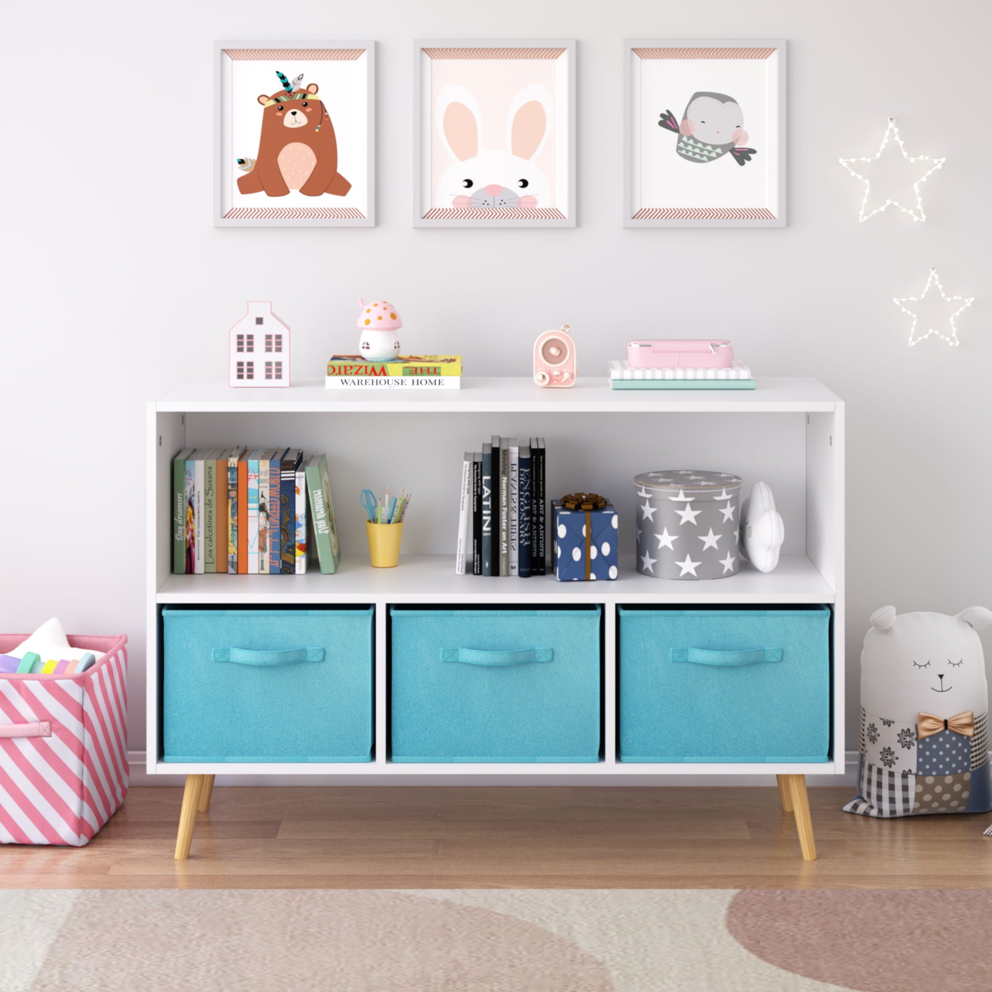 Bookcase With Collapsible Drawers, Book Display Storage Cabinet Organizer - White / Blue