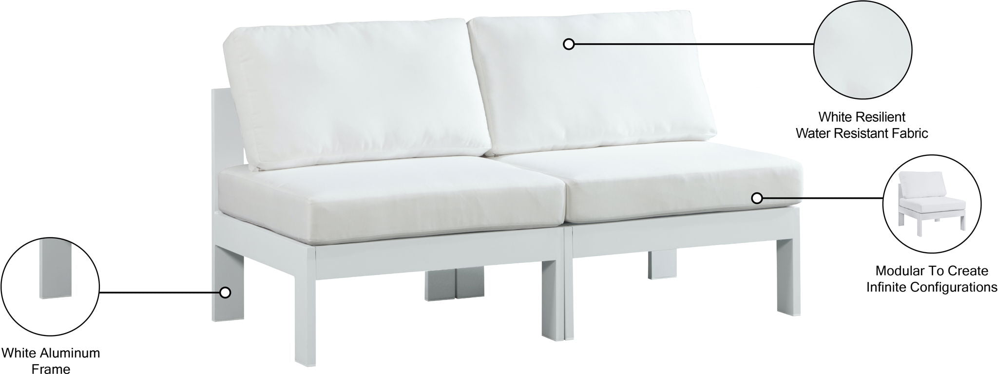 Nizuc - Outdoor Patio 2 Seat Armless Modular Sofa With White Frame