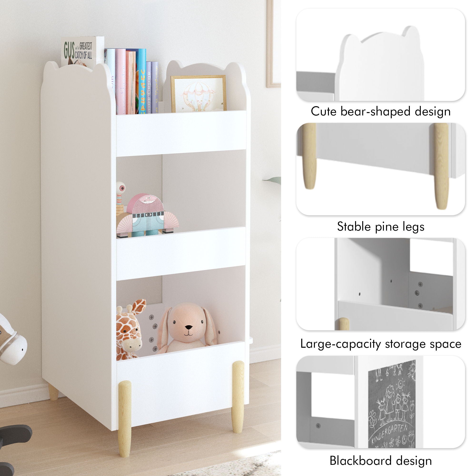 Bear Shaped Bookshelf With Chalkboard Side, 3 Tier Storage Organizer For Playroom - White