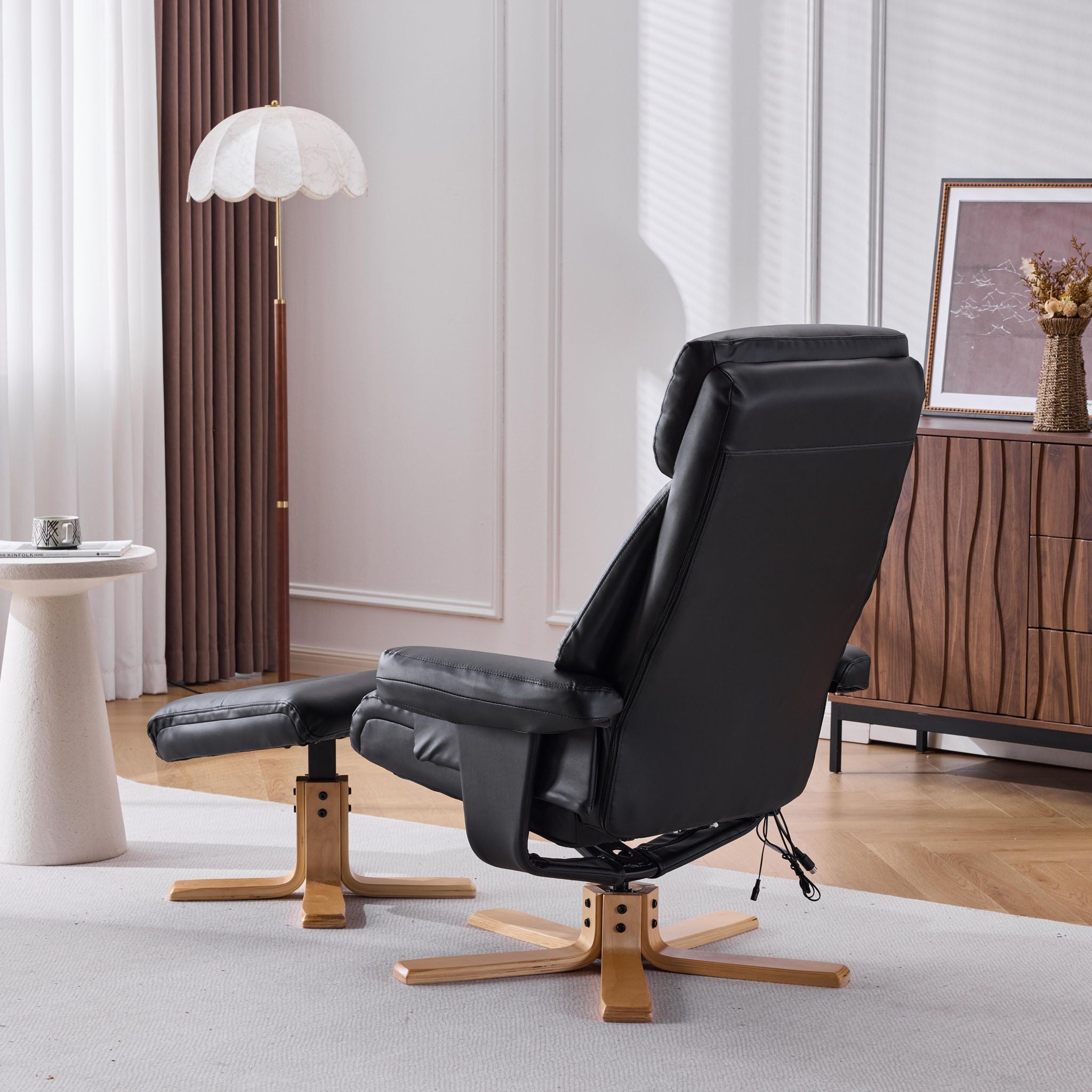 Massage Recliner With Ottoman, 360° Swivel, Heat & Vibration - Black Pu