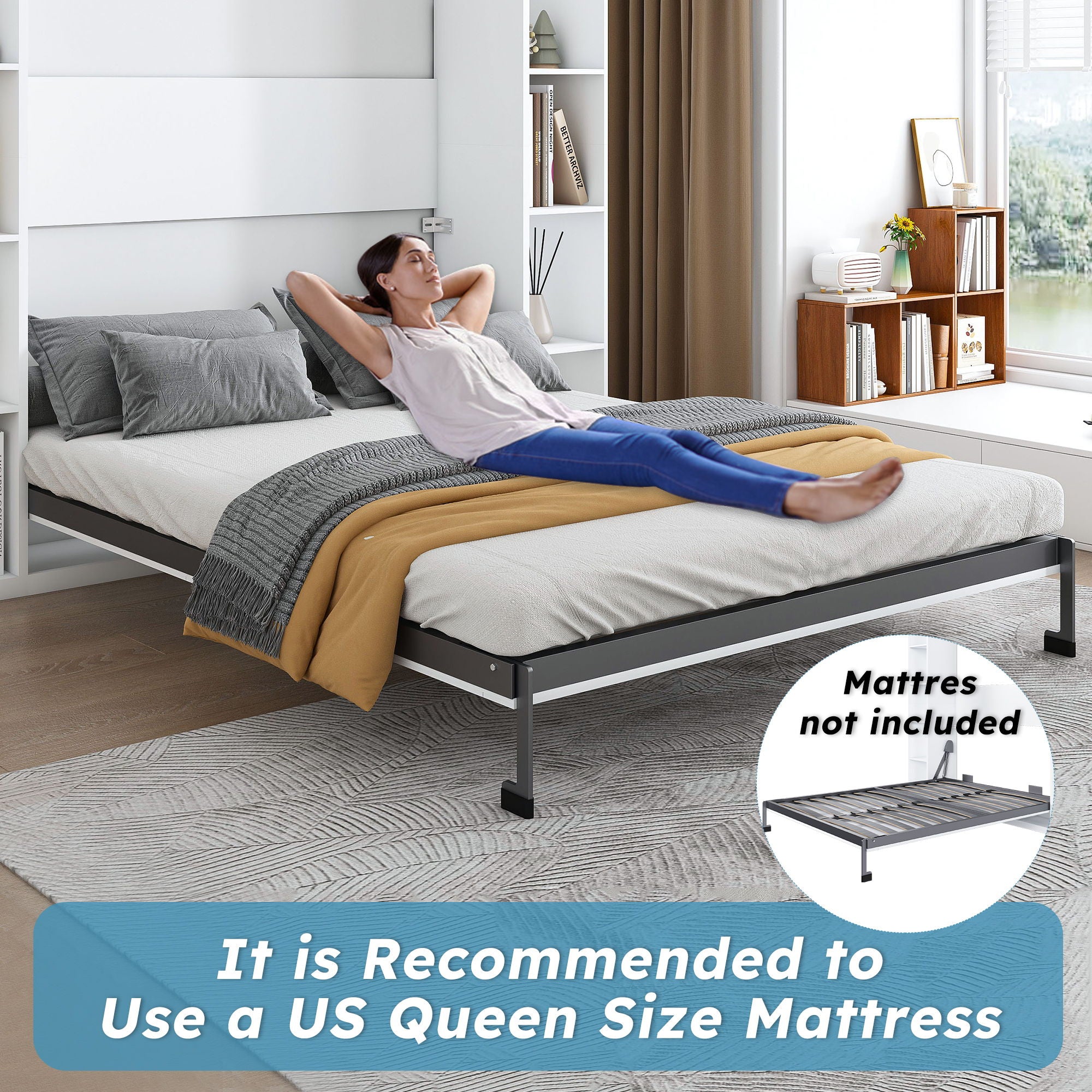 Queen Murphy Bed With Storage Cabinet, Foldable Wall Bed For Bedrooms - White