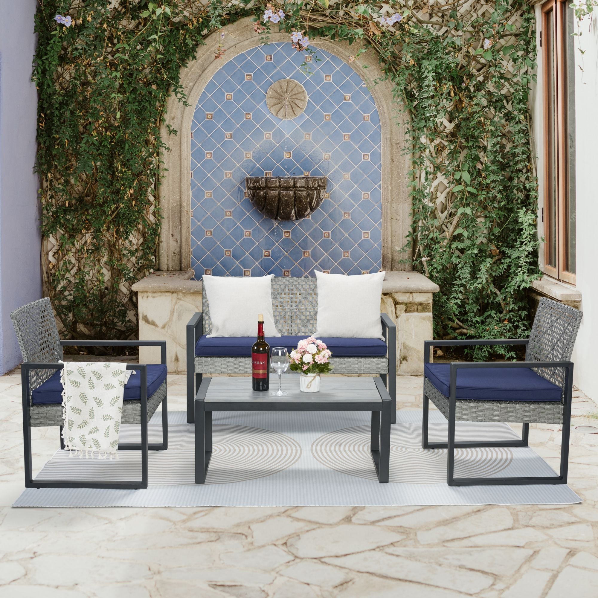 4 Piece Patio Furniture Set With Acacia Wood Table Top And Cushions