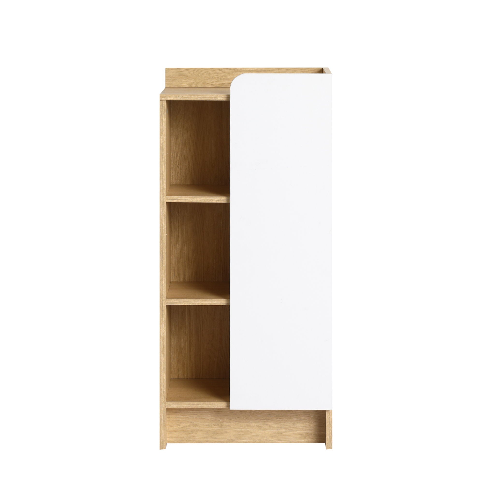 Freestanding Bathroom Side Cabinet, Narrow Storage Cabinet With Single Door & 3 Tier Open Shelves - Black / Light Oak / White