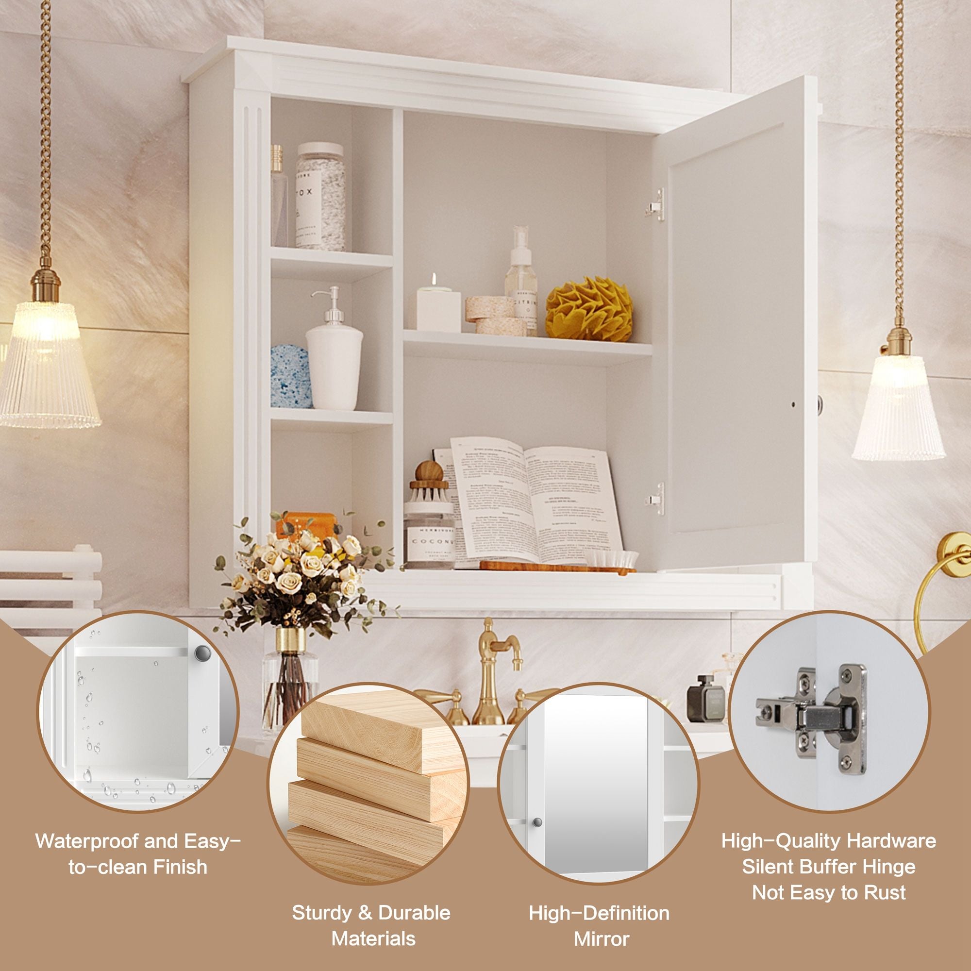 Wall Mounted Bathroom Storage Cabinet With Mirror, Cabinet With 6 Open Shelves And Adjustable Interior