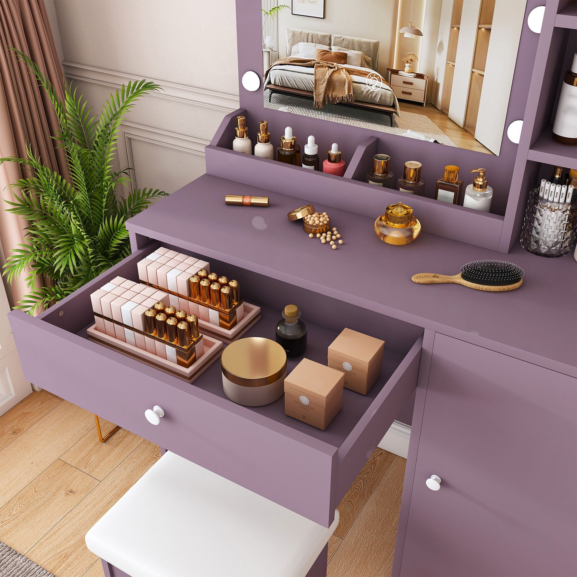 Vanity Desk Set With Padded Stool And Adjustable LED Mirror, 3 Color Light Modes - Purple