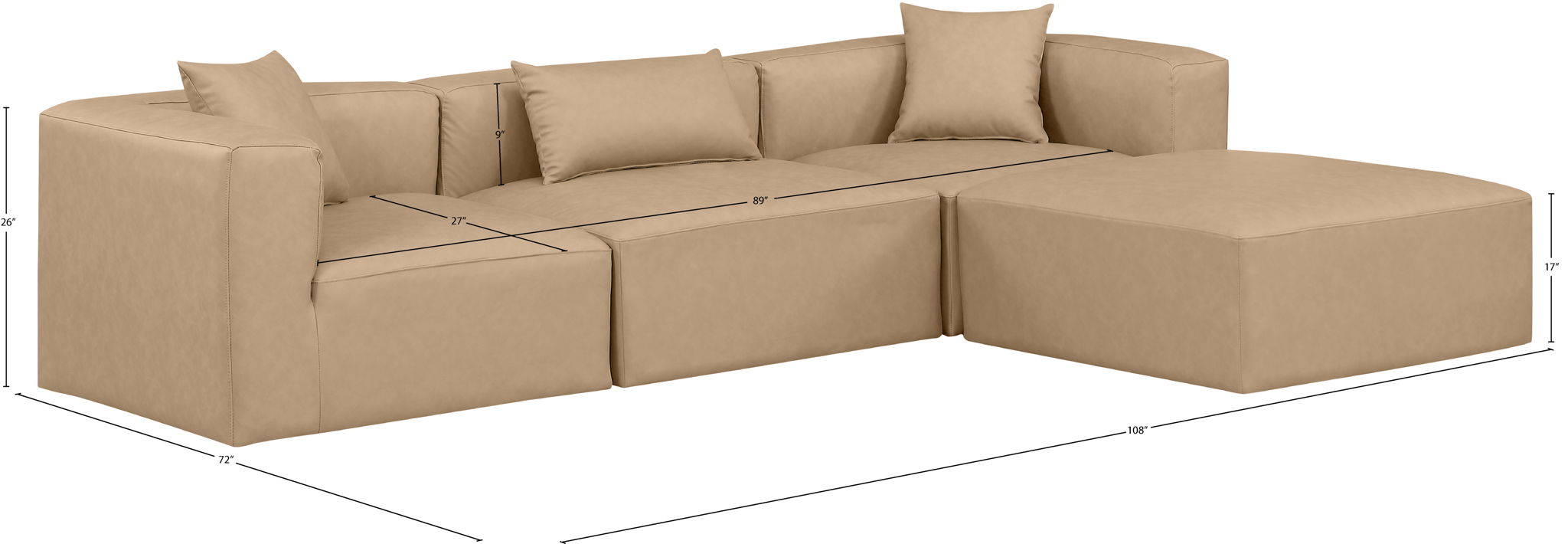 Cube - 4 Piece Modular Sectional With Chaise - Tan