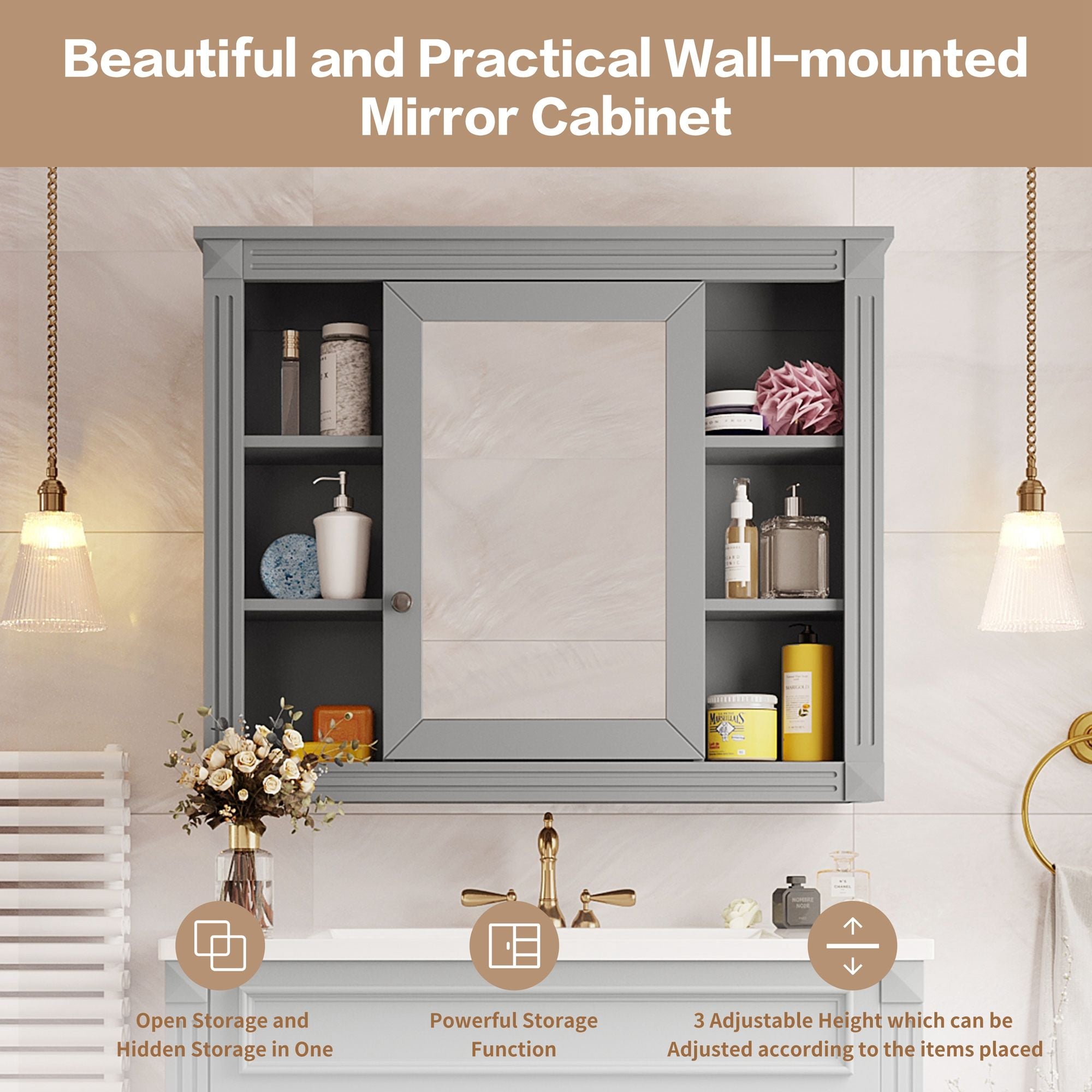 Wall Mounted Bathroom Storage Cabinet With Mirror, Cabinet With 6 Open Shelves And Adjustable Interior