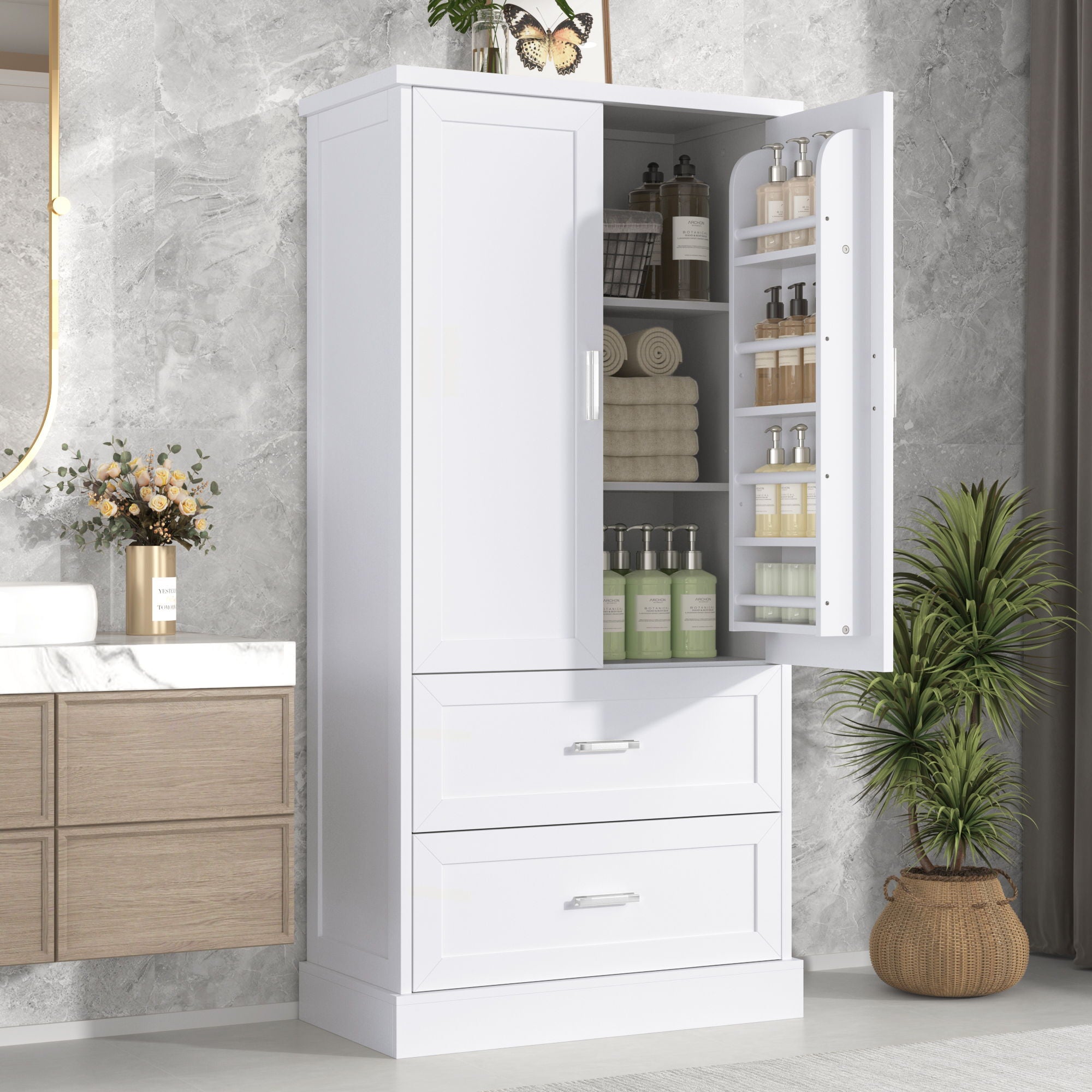 Tall Bathroom Storage Cabinet With 2 Doors And Drawers, Adjustable Shelf