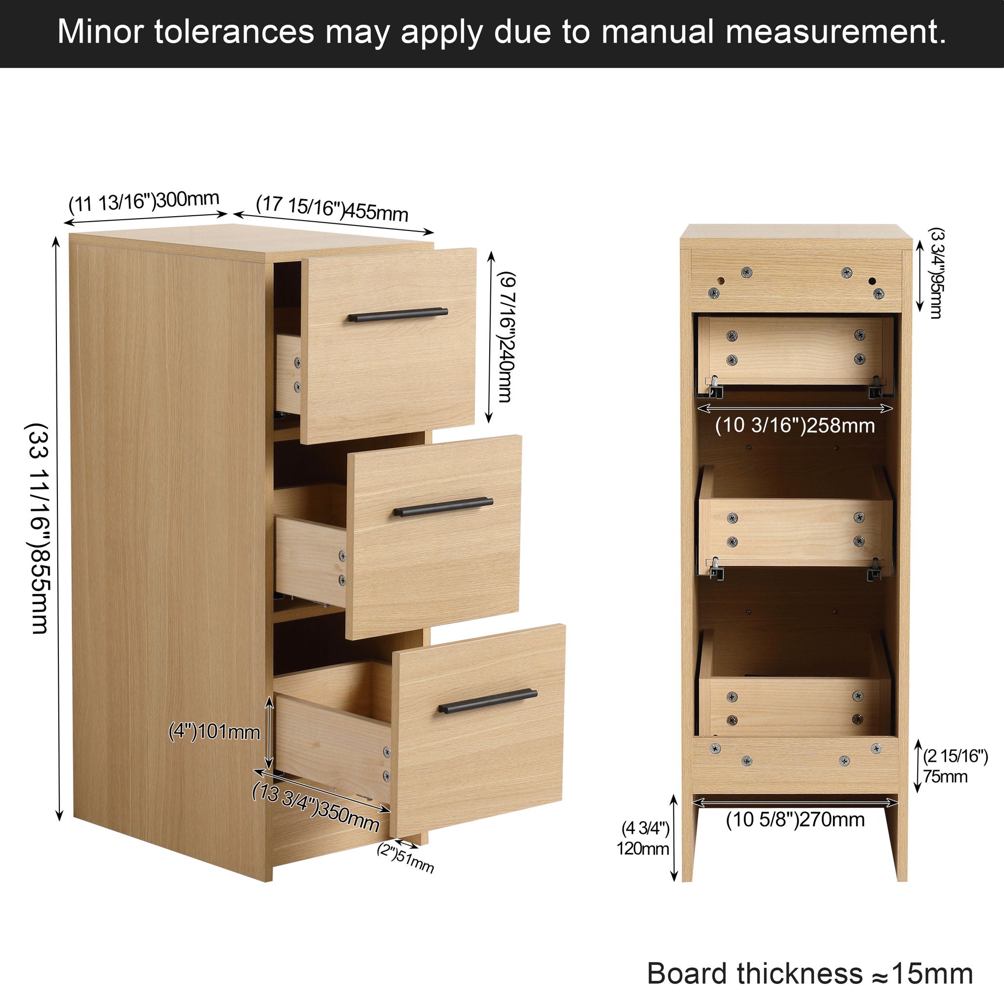 Slim Freestanding Bathroom Storage Cabinet, 3 Drawers - Light Oak