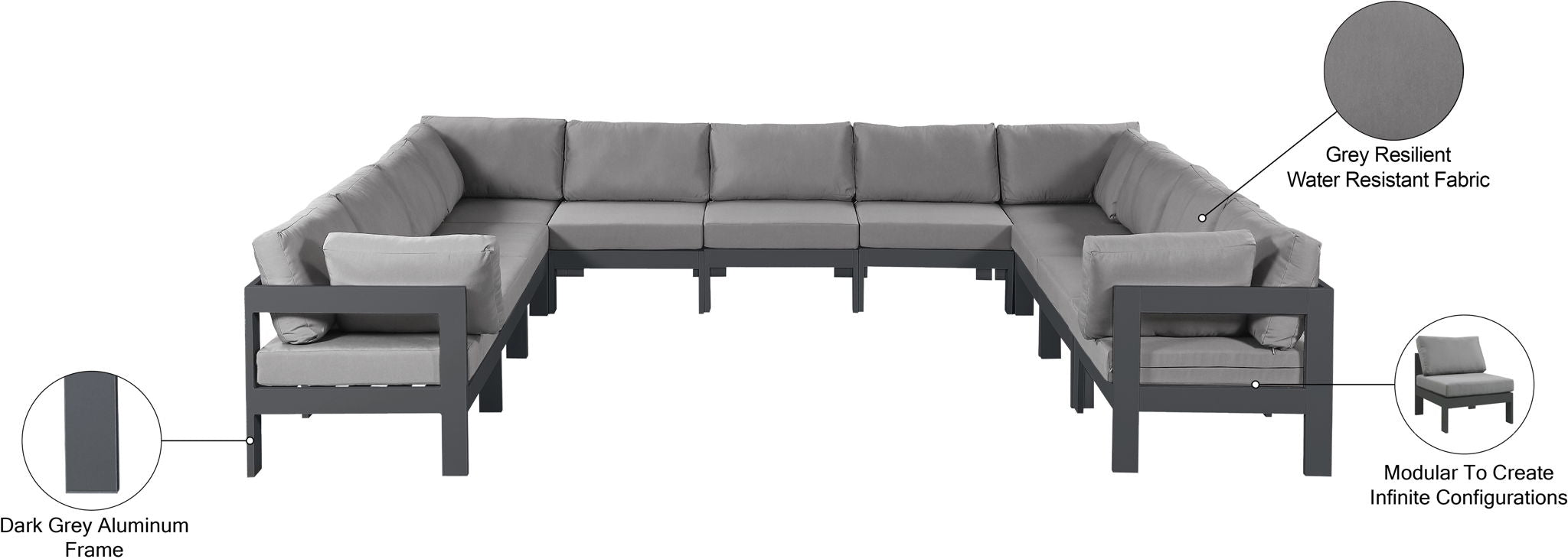 Nizuc - Outdoor Patio 11 Piece Modular Sectional With Gray Frame