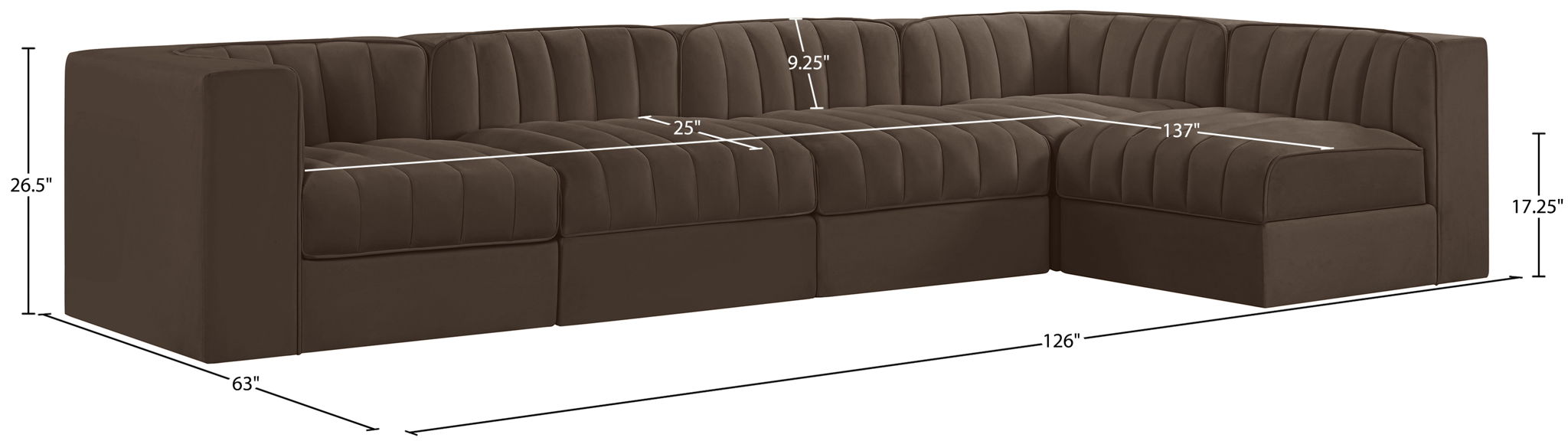 Rummi - Velvet Performance Fabric Upholstered 5 Piece Modular Sectional, L-Shaped (Right)