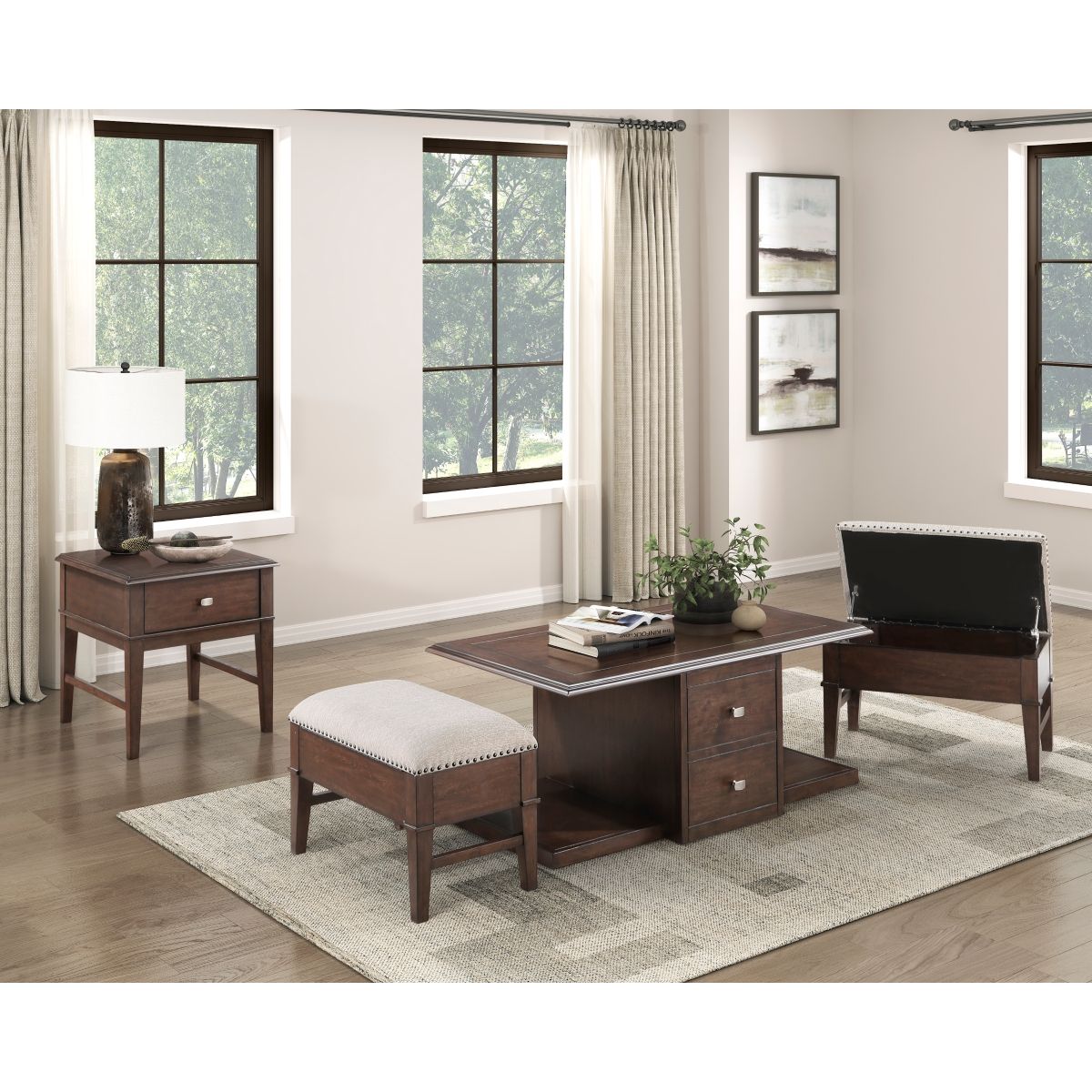 Claremore - Cocktail Table With Two Ottomans - Beige