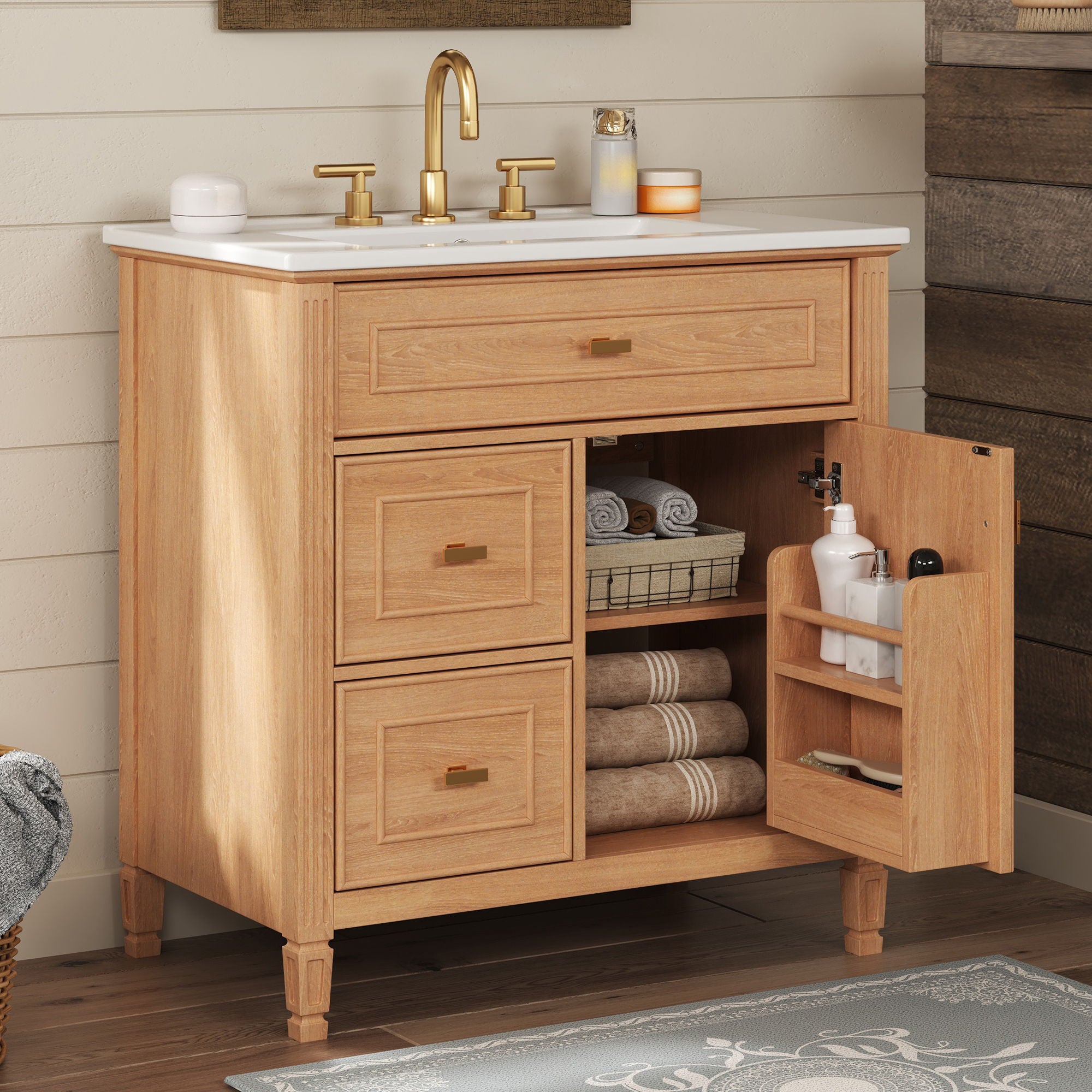 Bathroom Vanity With Sink, Flip Drawer & Adjustable Shelf - Natural