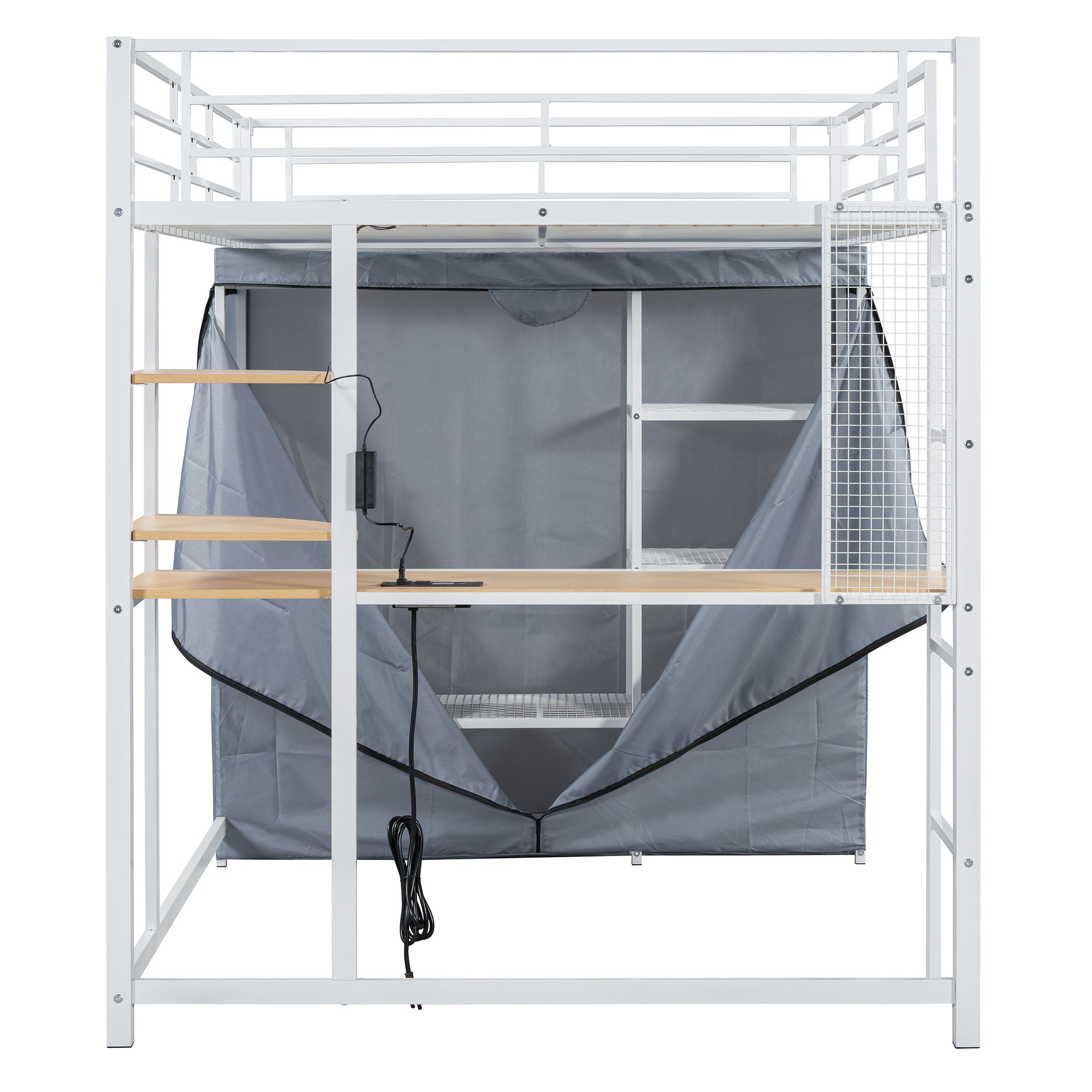Full Size Loft Bed With Desk, Shelves, Power Outlet, LED Light And Wardrobe - White