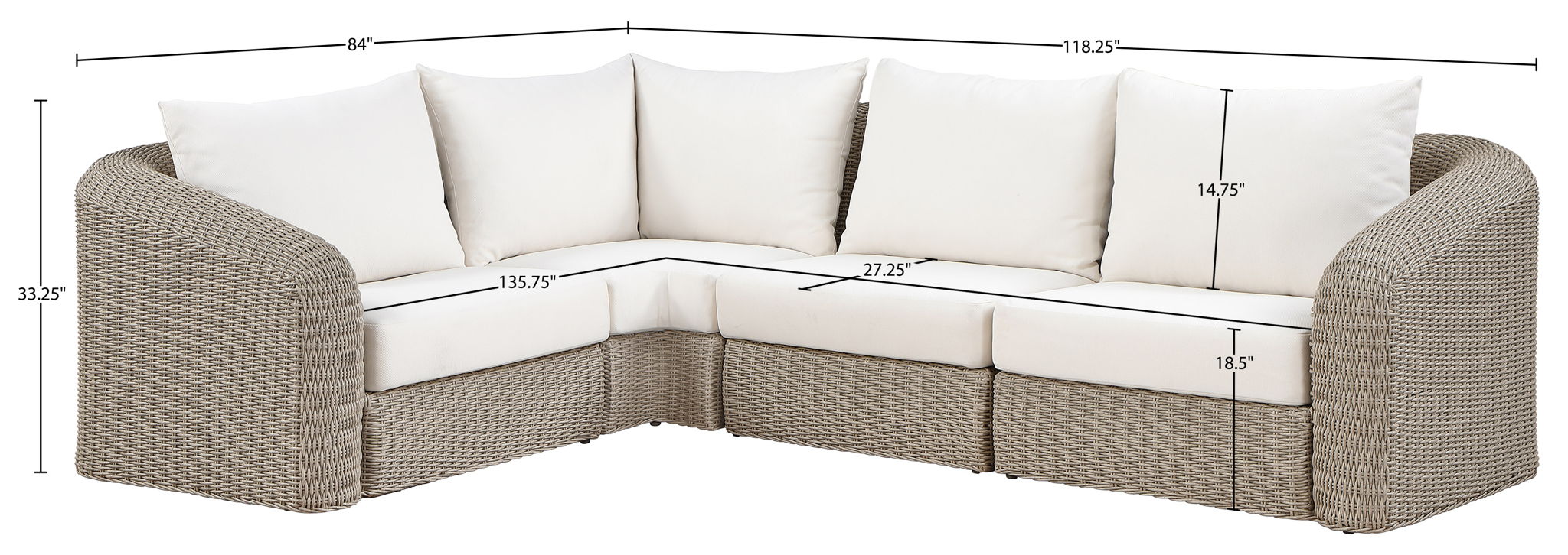 Seacrest - Olefin Water Resistant Fabric And Wicker 4 Piece Outdoor Patio Modular Sectional