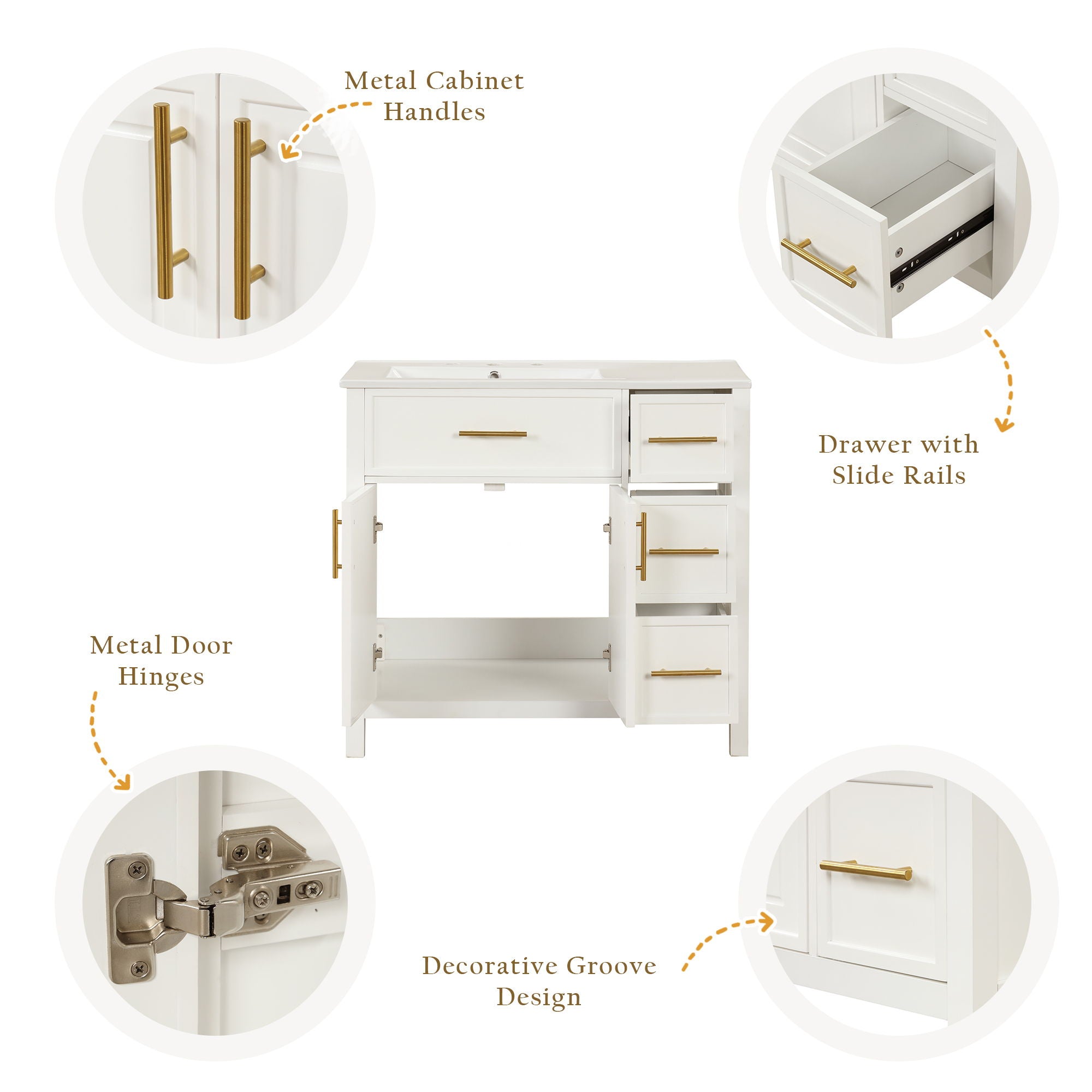 Modern Bathroom Vanity With Sink Top, 2 Doors And 3 Drawers