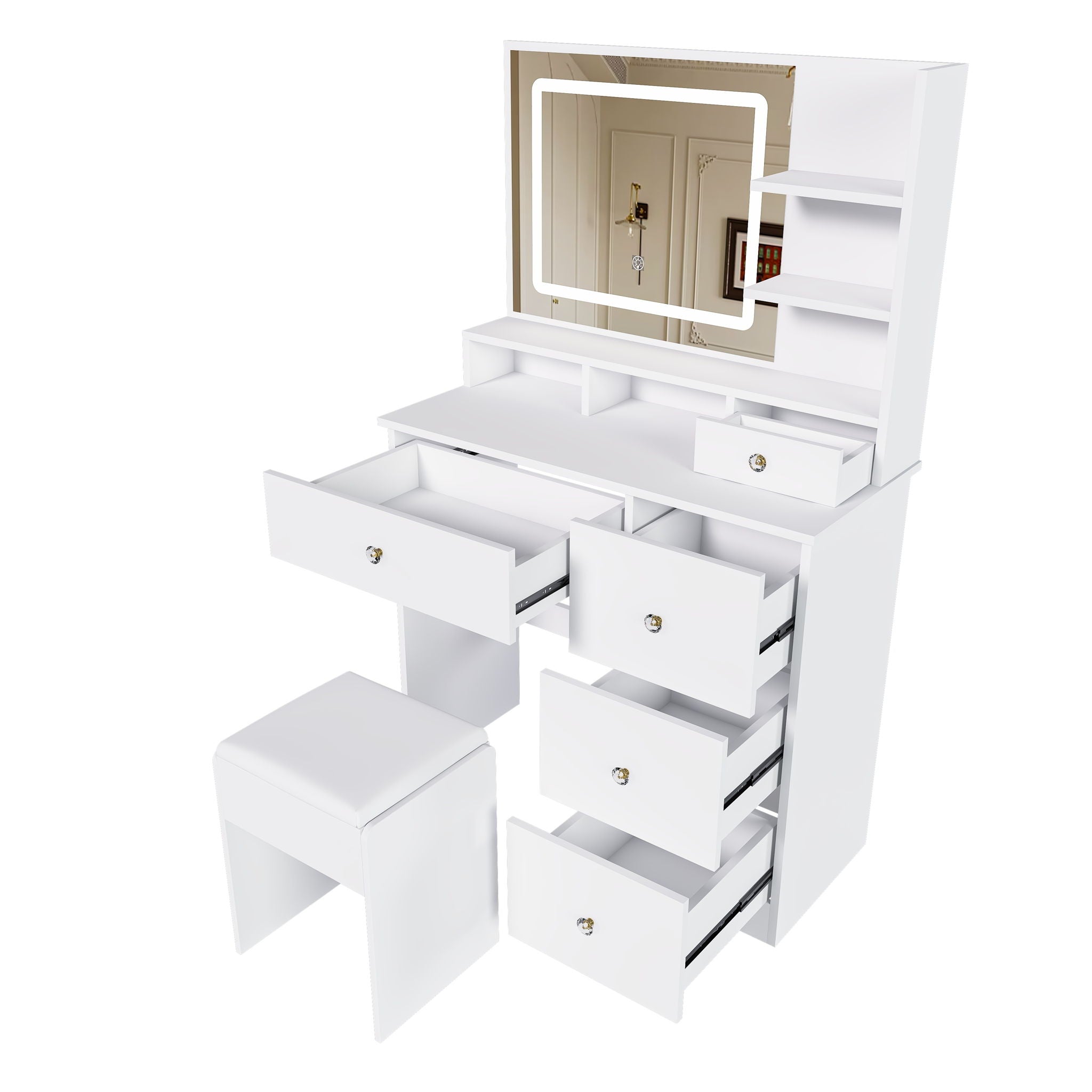 Vanity Desk With Mirror, 3 Color Lighting And Stool