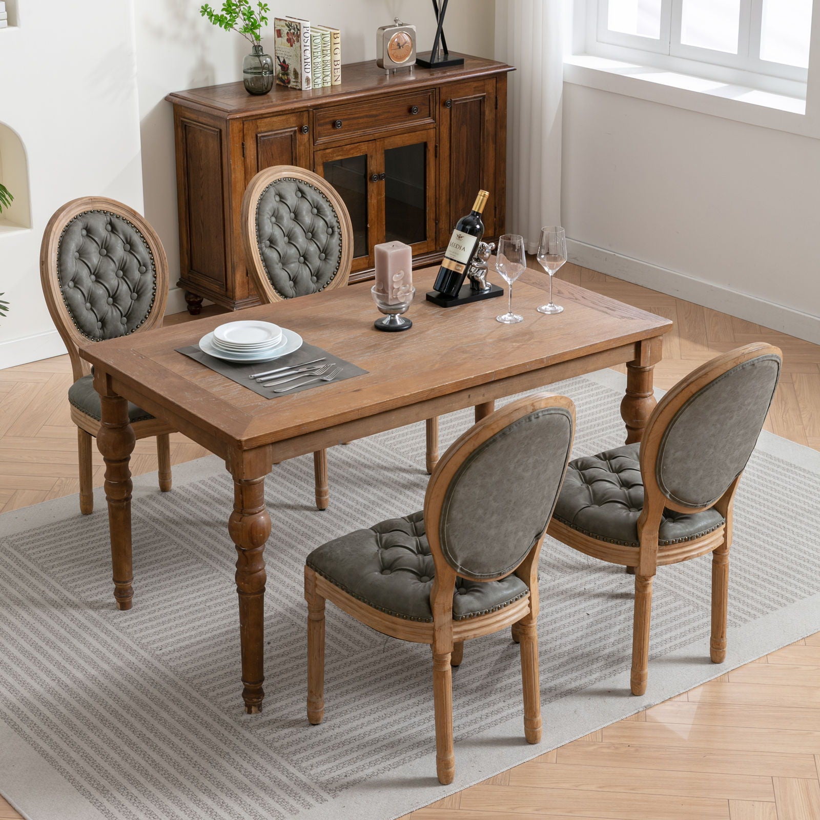 French Style Solid Wood Frame Antique Painting, Hand-Pulled Buckle Decoration Artificial Dining Chair With Nailhead Trim, Wood Legs