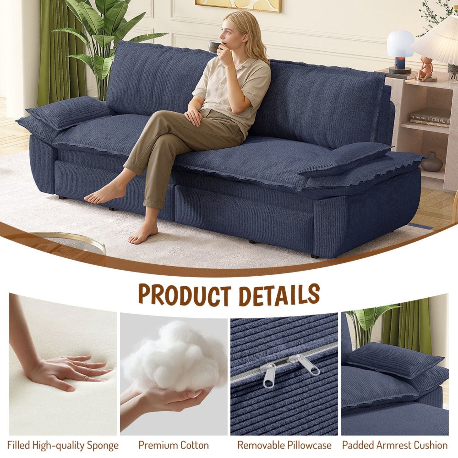 Queen Pull Out 3 In 1 Convertible Sleeper Sofa Bed - Blue