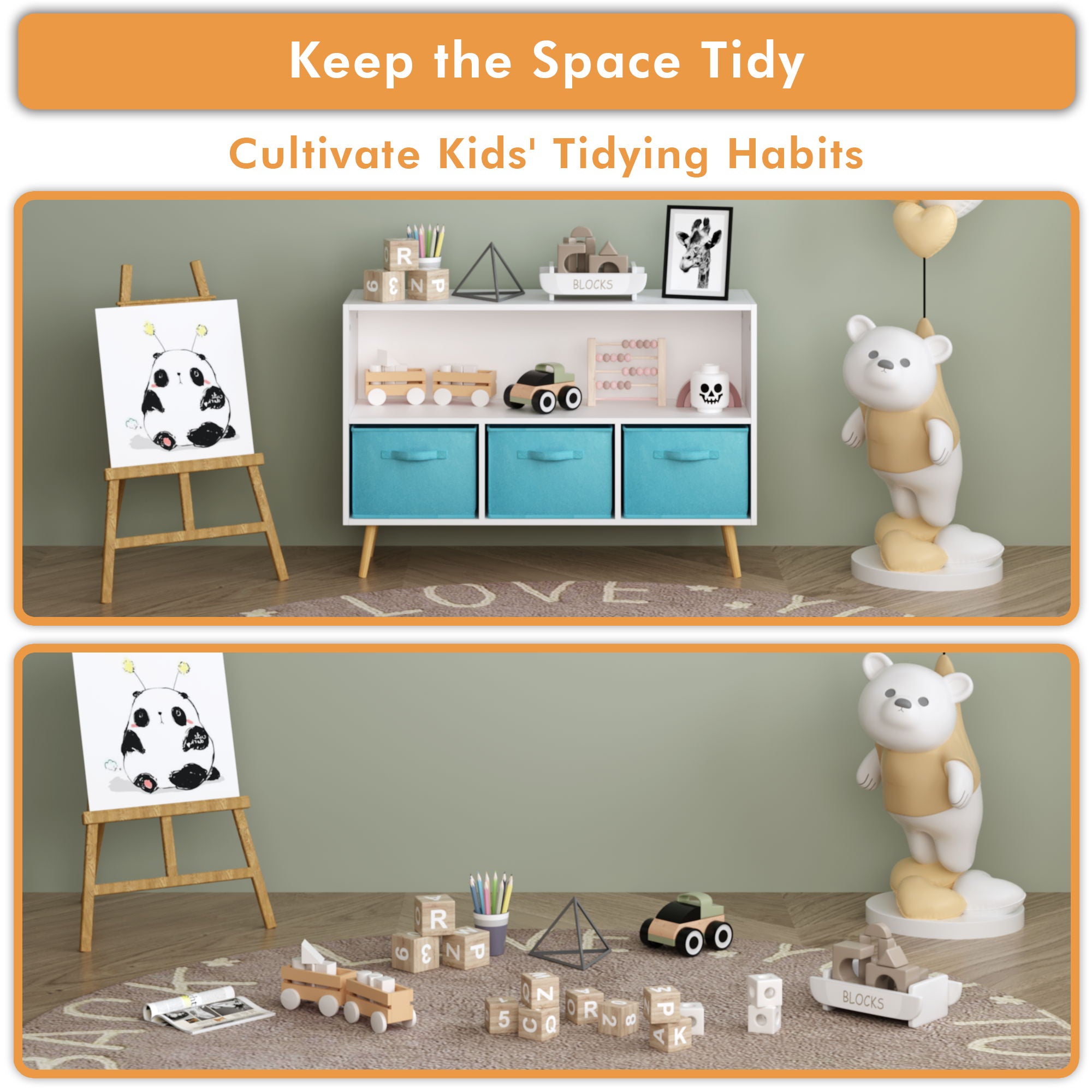 Bookcase With Collapsible Drawers, Book Display Storage Cabinet Organizer - White / Blue