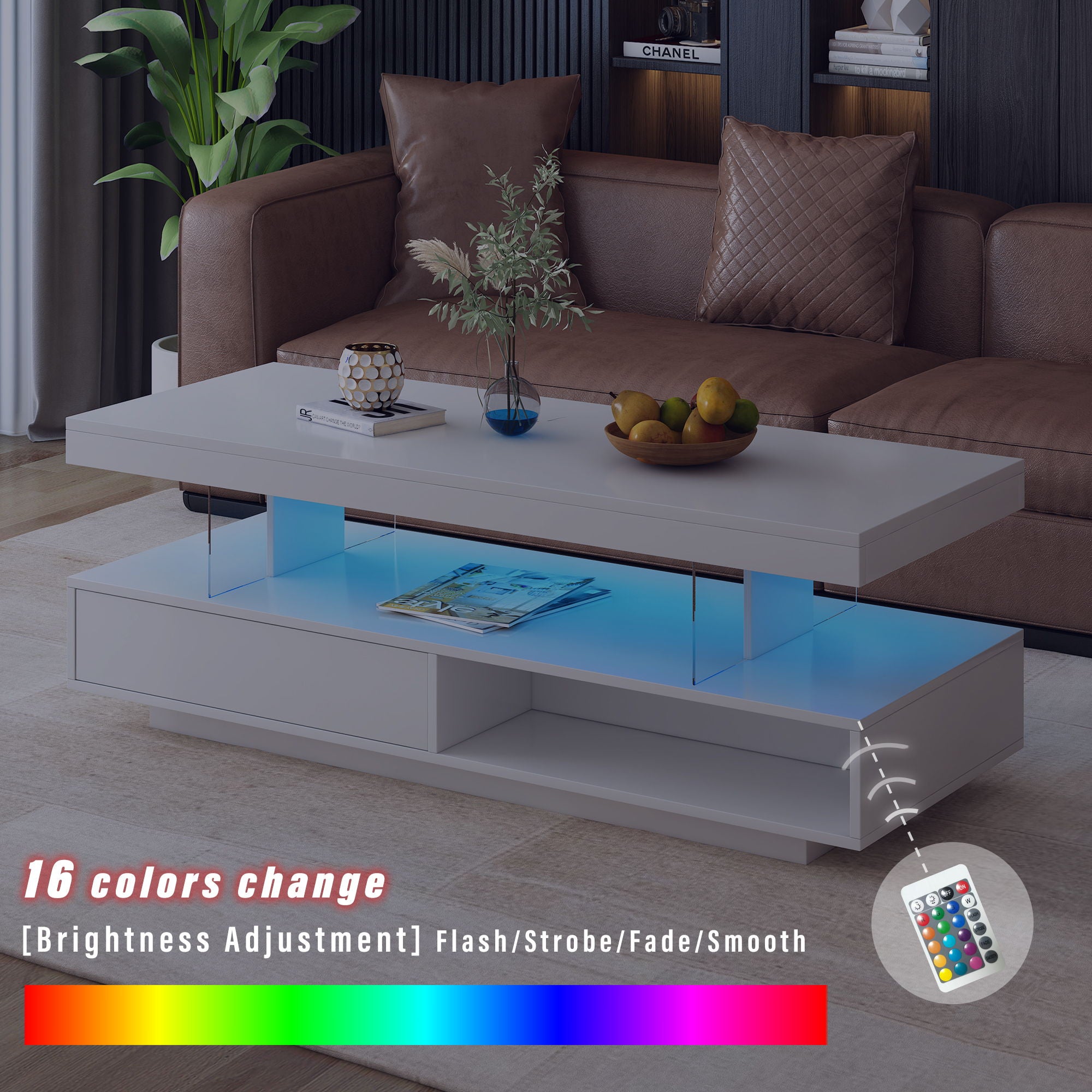 LED Coffee Table With Storage, Modern Center Table With 2 Drawers And Display Shelves, Accent Furniture With LED Lights For Living Room - White