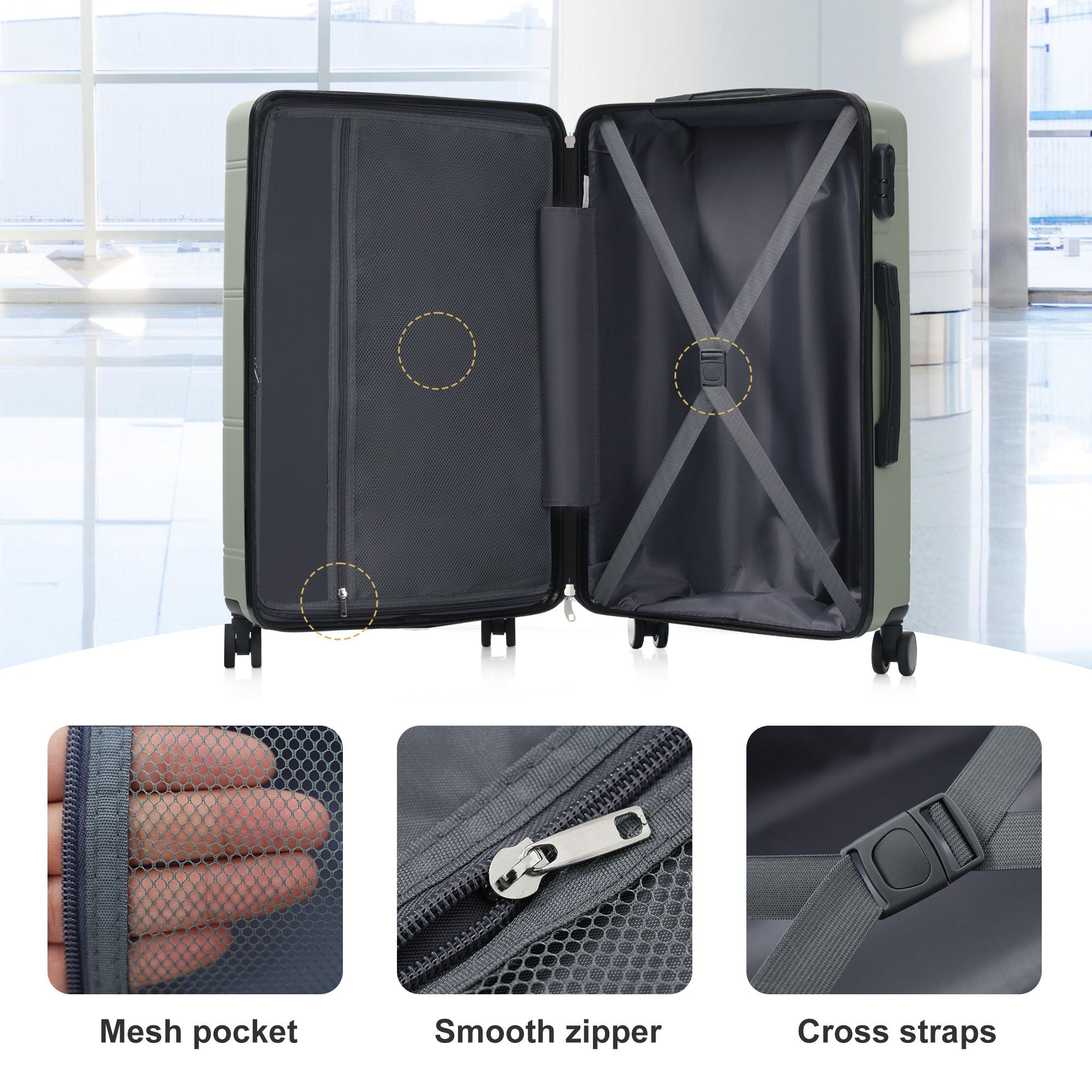 6 Piece Lightweight Hardshell Luggage Set With Double Spinner Wheels, Password Lock