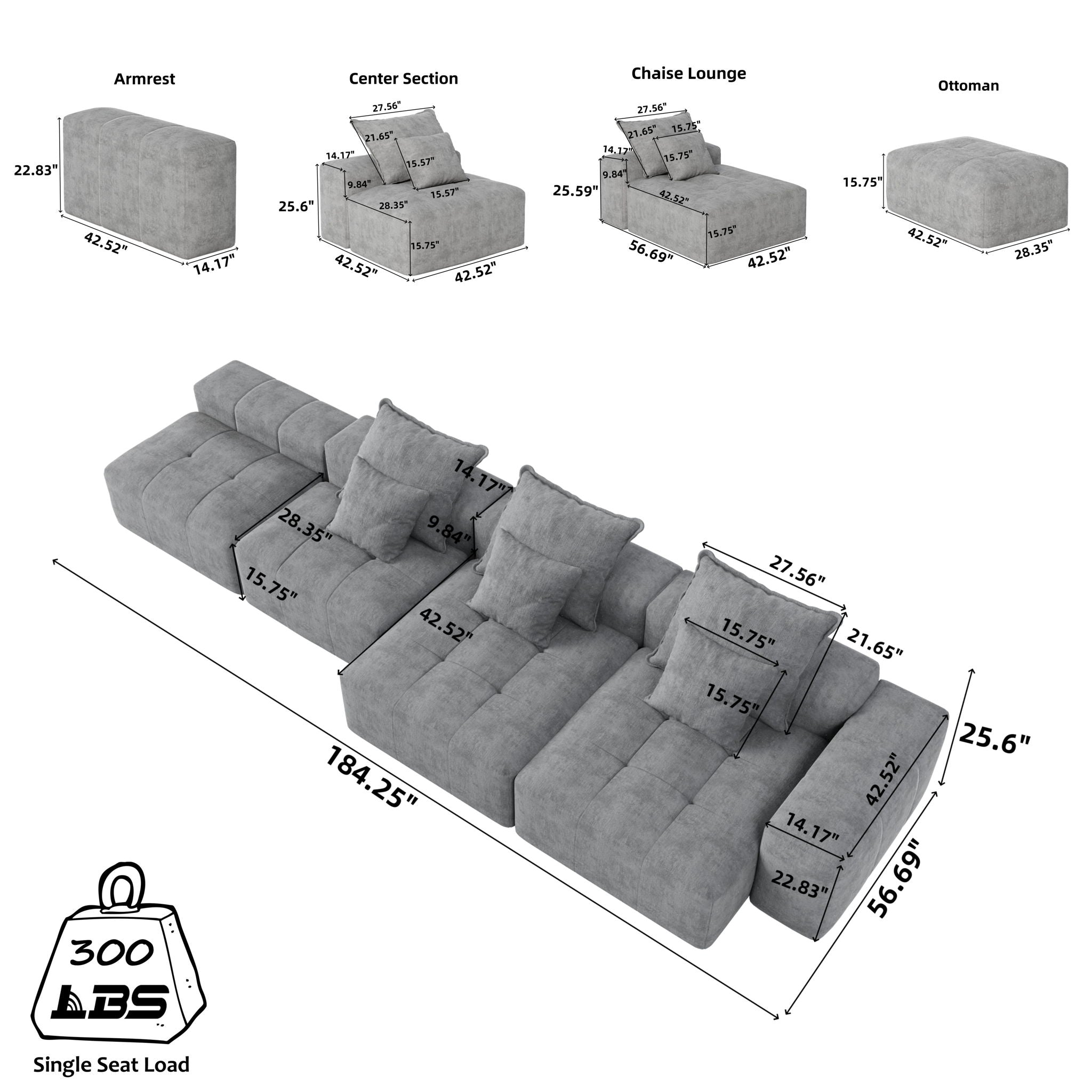 Modern Oversized Diy Combination Modular Sectional Sofa & Pillows