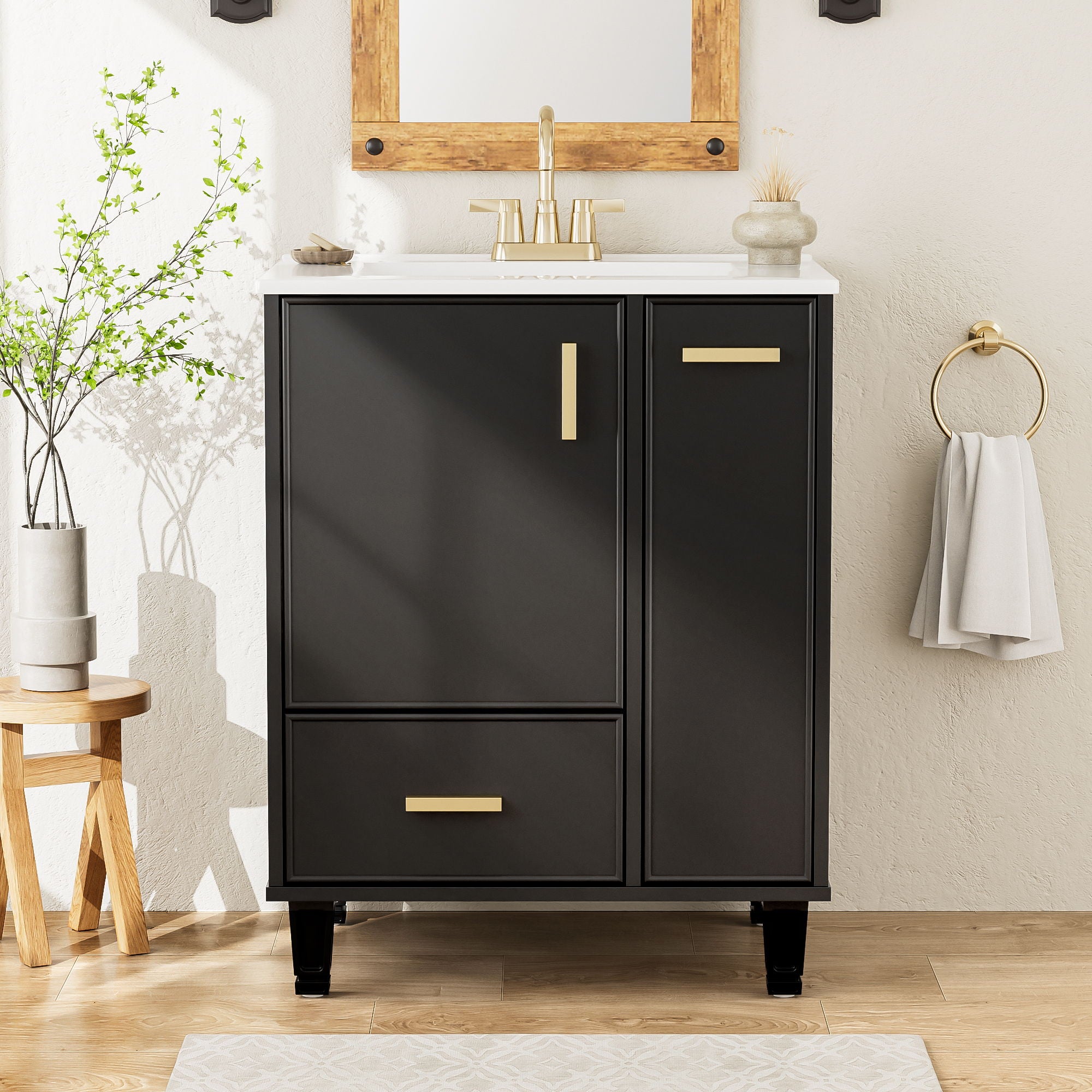 Bathroom Vanity With Sink, Deep Drawer And Pull Out Basket, Rectangular Design - Black