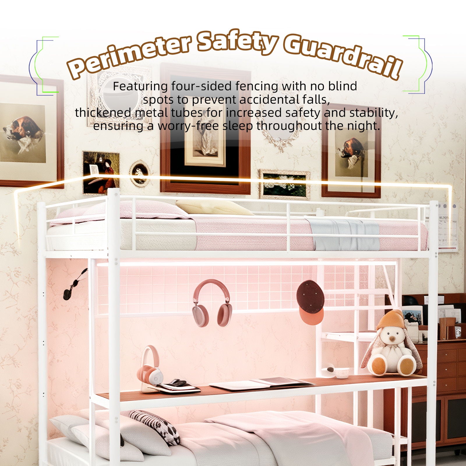 Bunk Bed With Built In Desk And LED Lighting