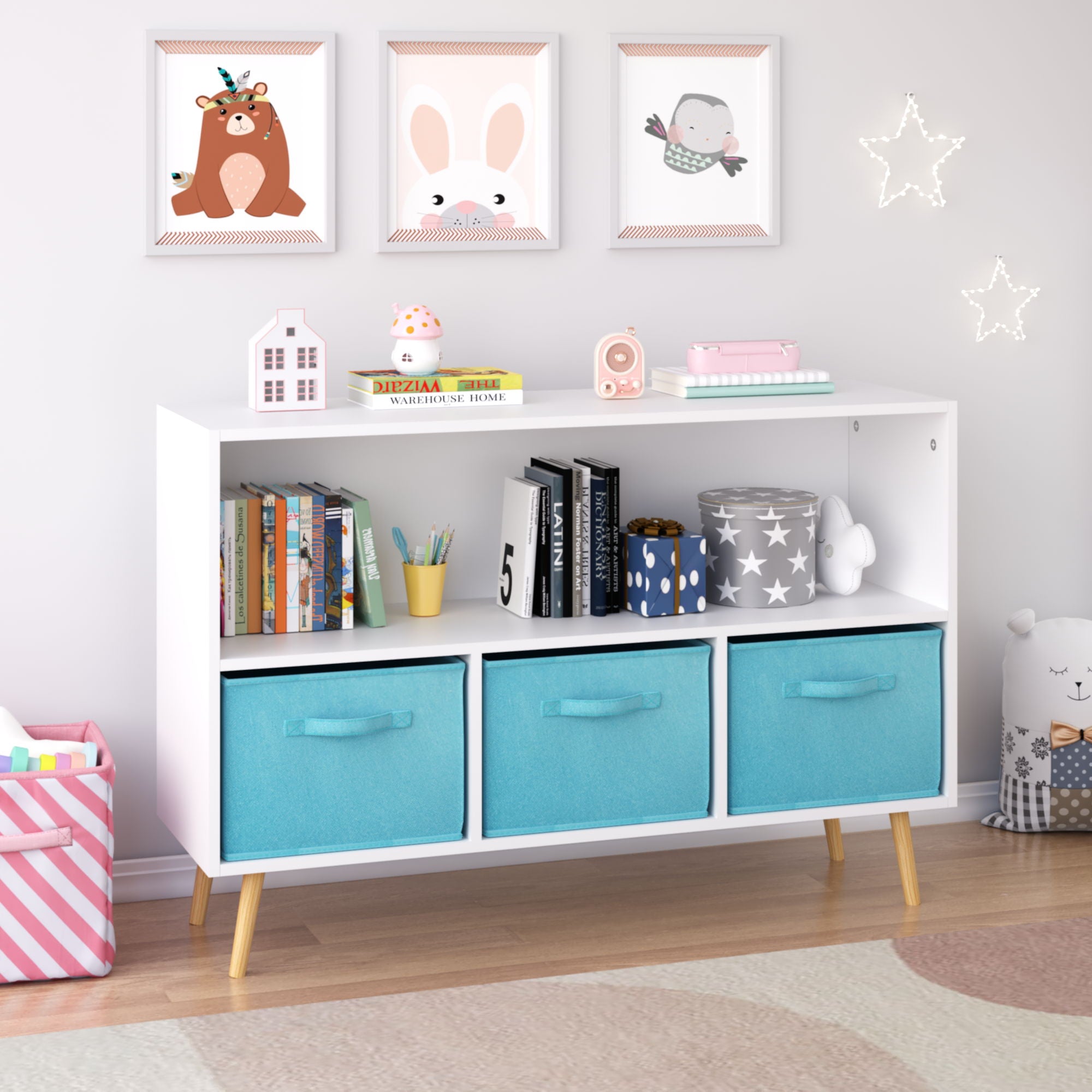 Bookcase With Collapsible Drawers, Book Display Storage Cabinet Organizer - White / Blue