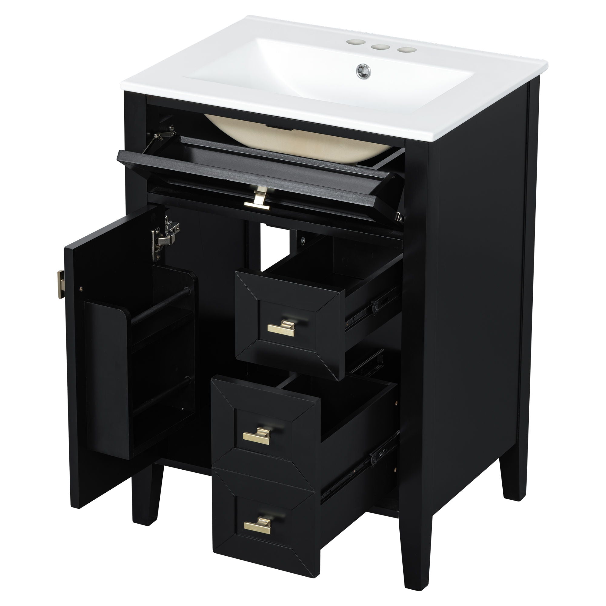 Bathroom Vanity With Sink, 3 Drawers & Cabinet With 2 Tier Door Storage Rack, Soft Close Doors & Drawers
