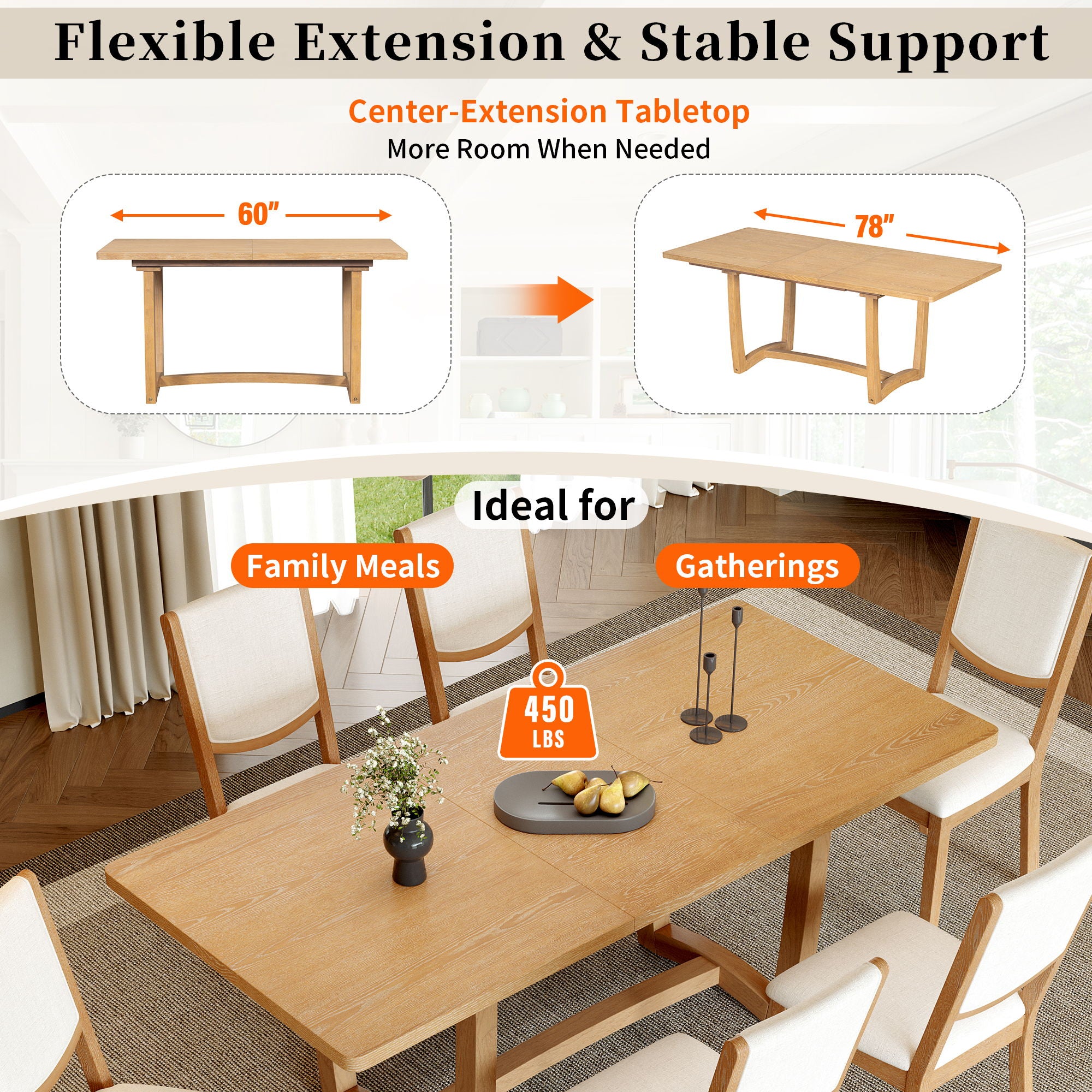 Rectangular Extendable Dining Table Set With 6 Upholstered Chairs