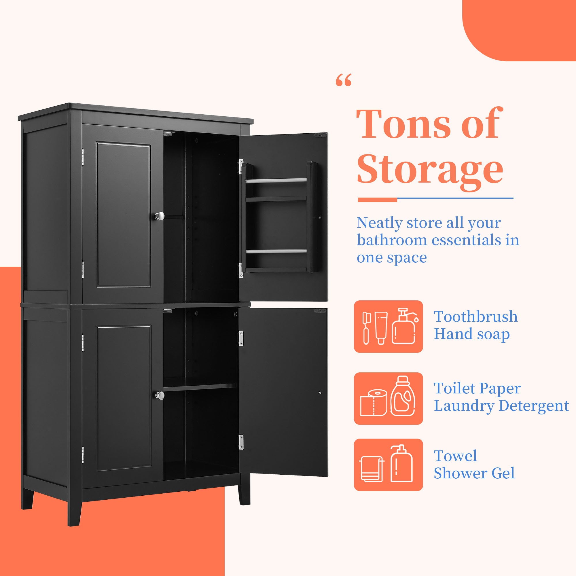 Elegant Bathroom Floor Storage Cabinet With 4 Doors, Adjustable Shelves