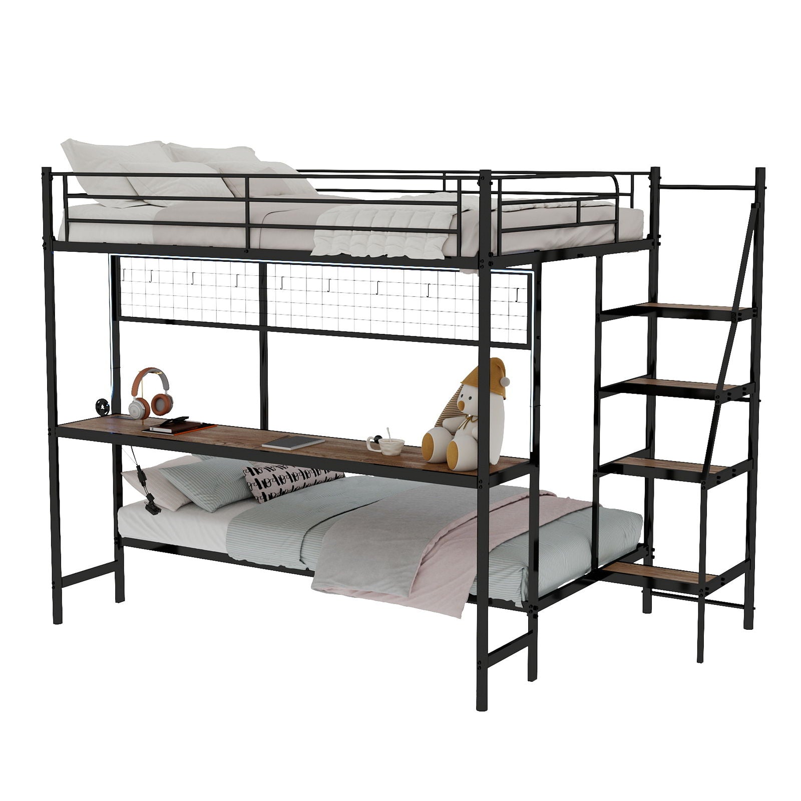 Bunk Bed With Built In Desk And LED Lighting