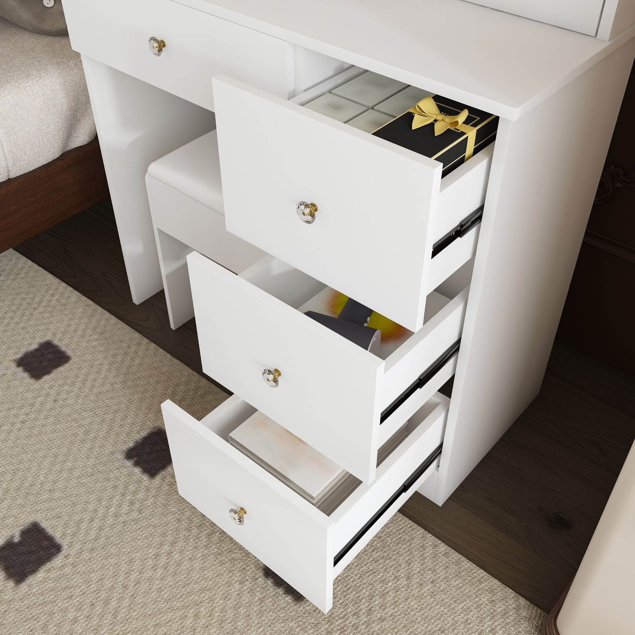 Vanity Desk With Mirror, 3 Color Lighting And Stool