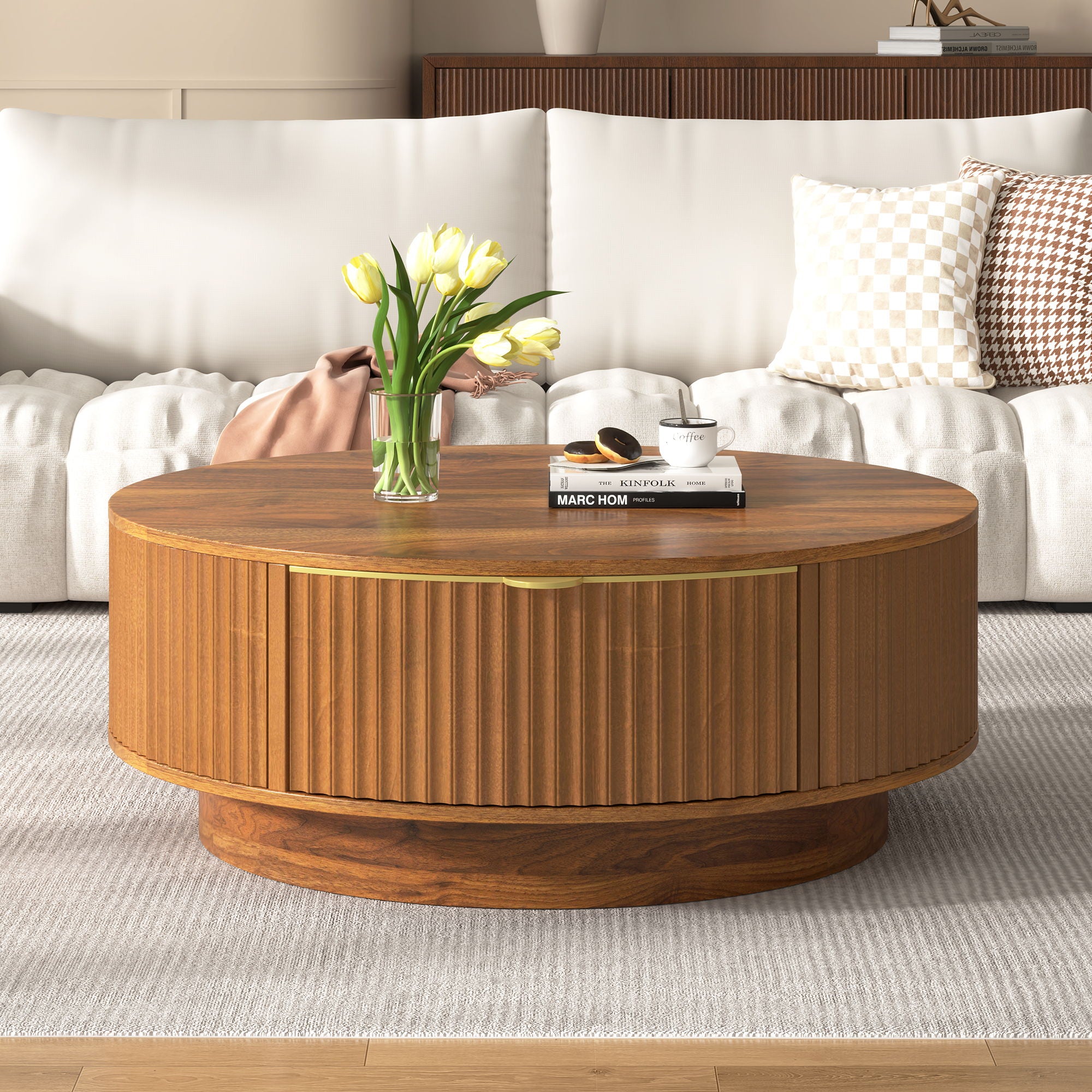 Farmhouse Round Coffee Table With Storage Drawer
